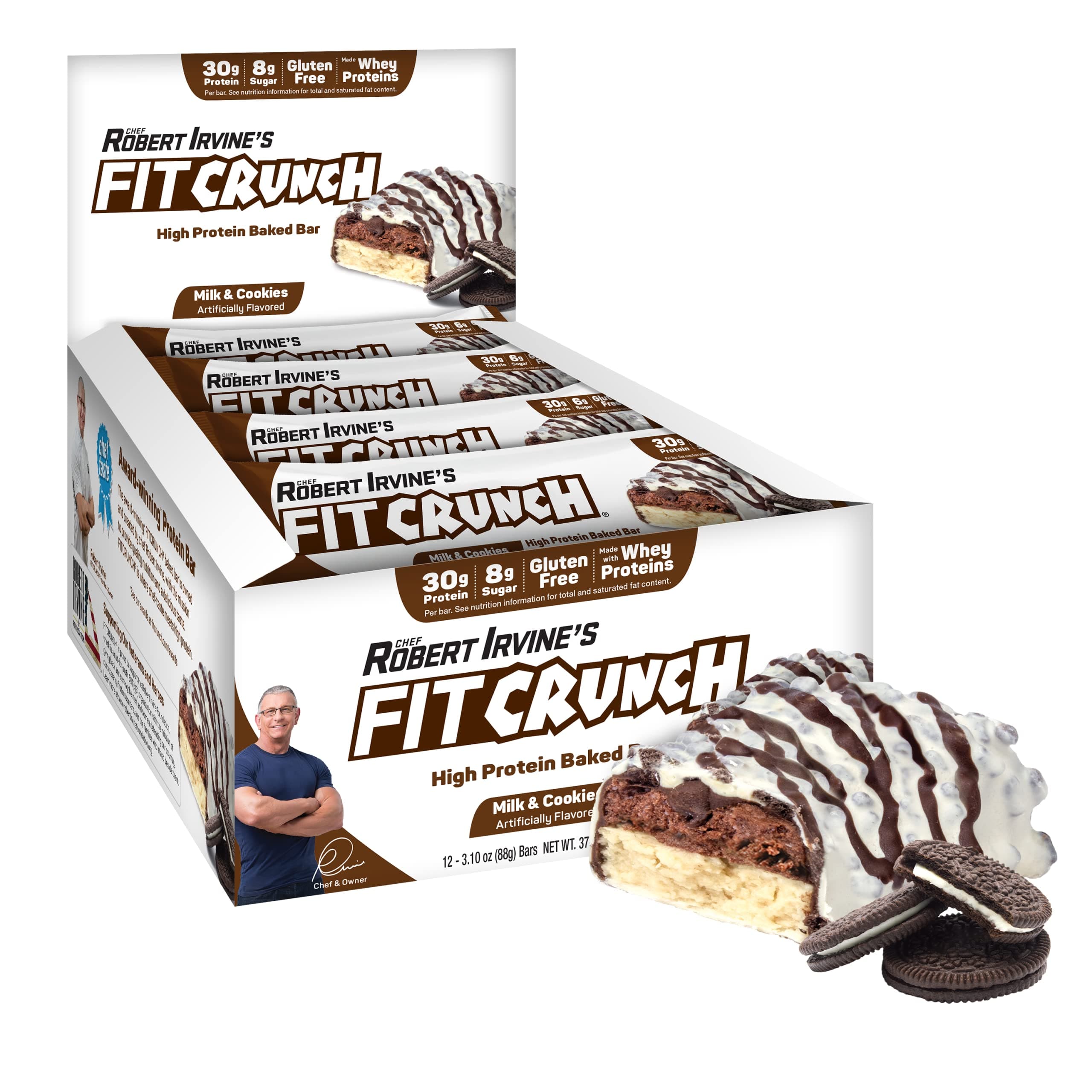 Fit Crunch Protein Bars, Designed by Robert Irvine, Protein Bar, Gluten Free, Award Winning Taste, Whey Protein Isolate, Low Sugar (12 Count, Milk & Cookies)
