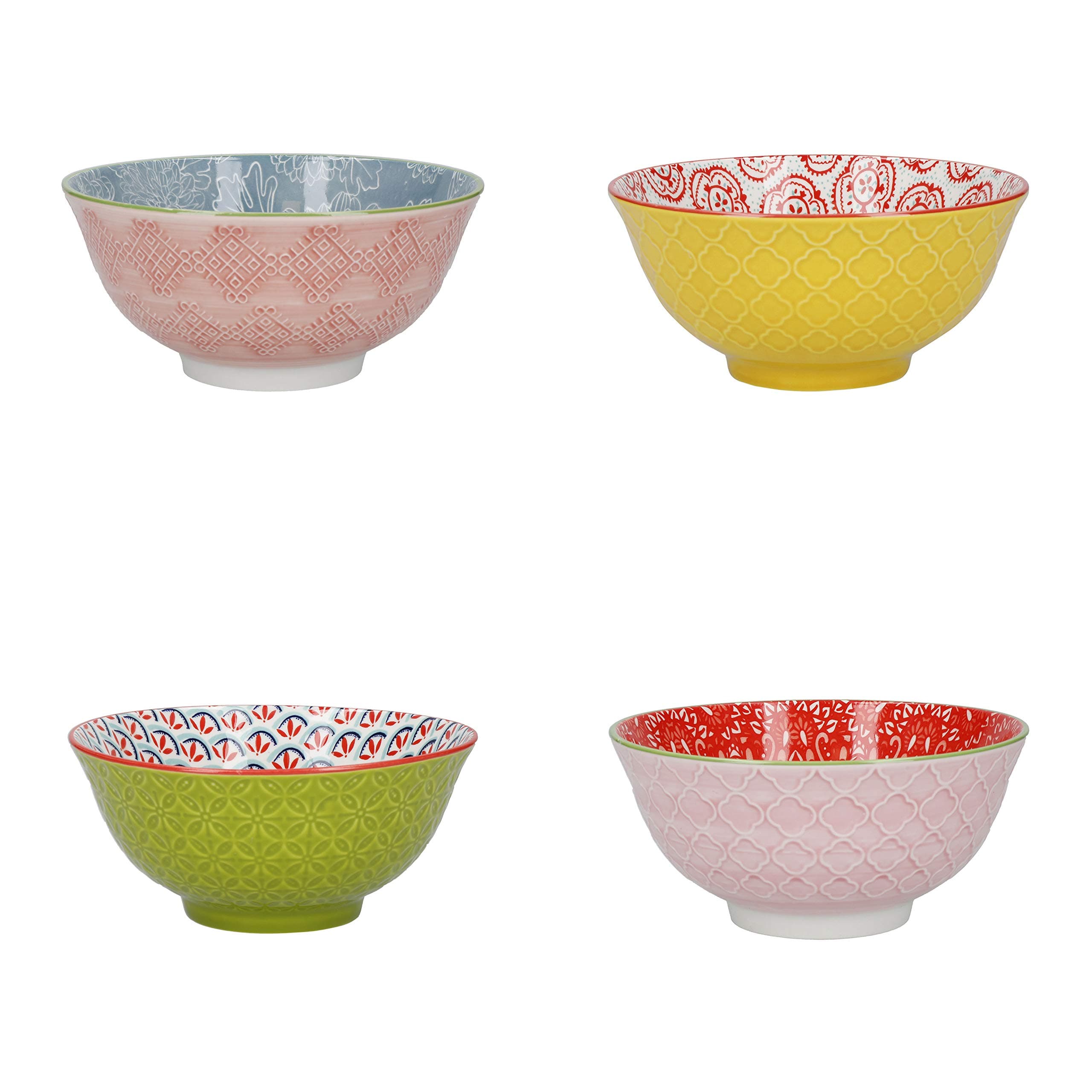 Patterned Cereal Bowl Set of 4 in Gift Box, Ceramic Serving Bowls Ideal for Ice Cream, Soup and More, 'Brights' Designs, 15cm