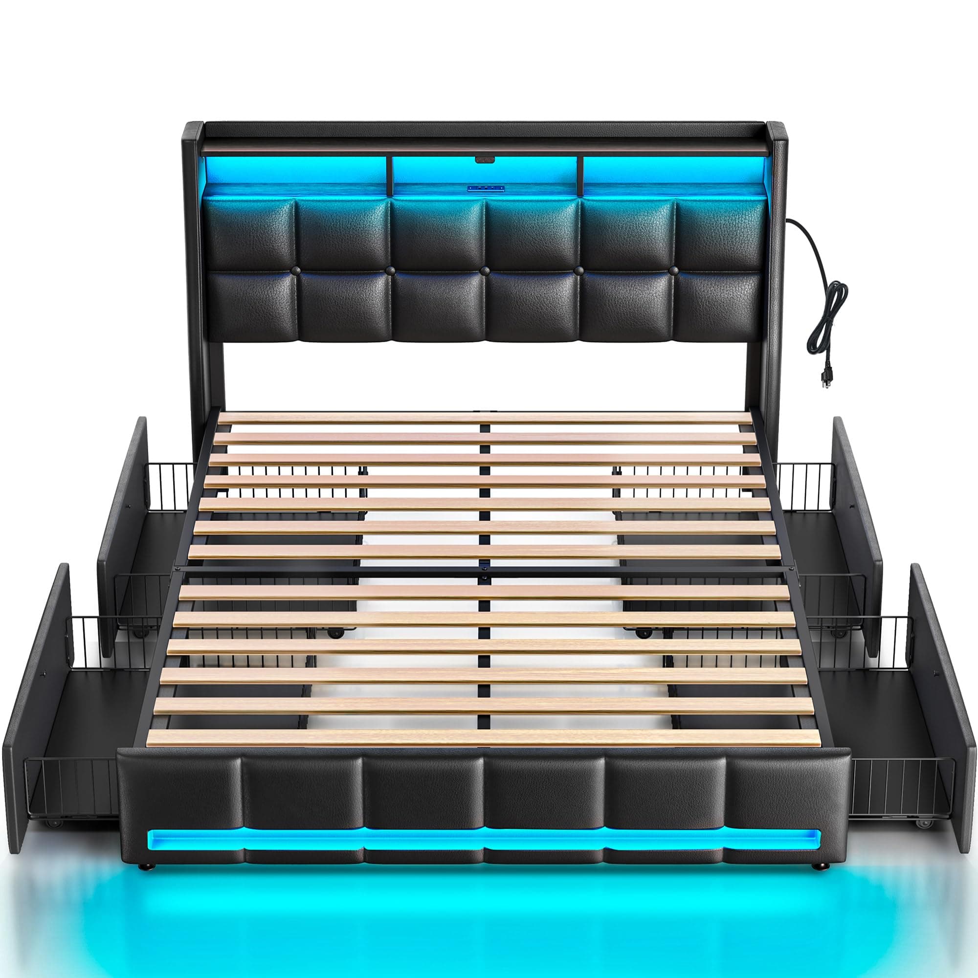 Full Size Bed Frame with LED Lights and Charging Station, PU Leather Bed Storage Headboard & Drawers, Heavy Duty Wood Slats, Easy Assembly, Black