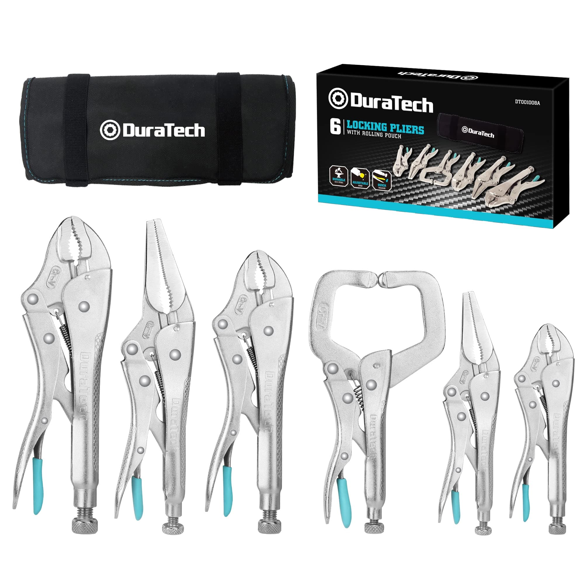 6-Piece Locking Pliers Set, CR-V Steel Vice Grip Pliers, Long Nose, Curved Jaw & C-Clamp, Fast Release, 5" 6" 7" 10" 6-1/2" 9-1/2", with Oxford Roll-Up Pouch