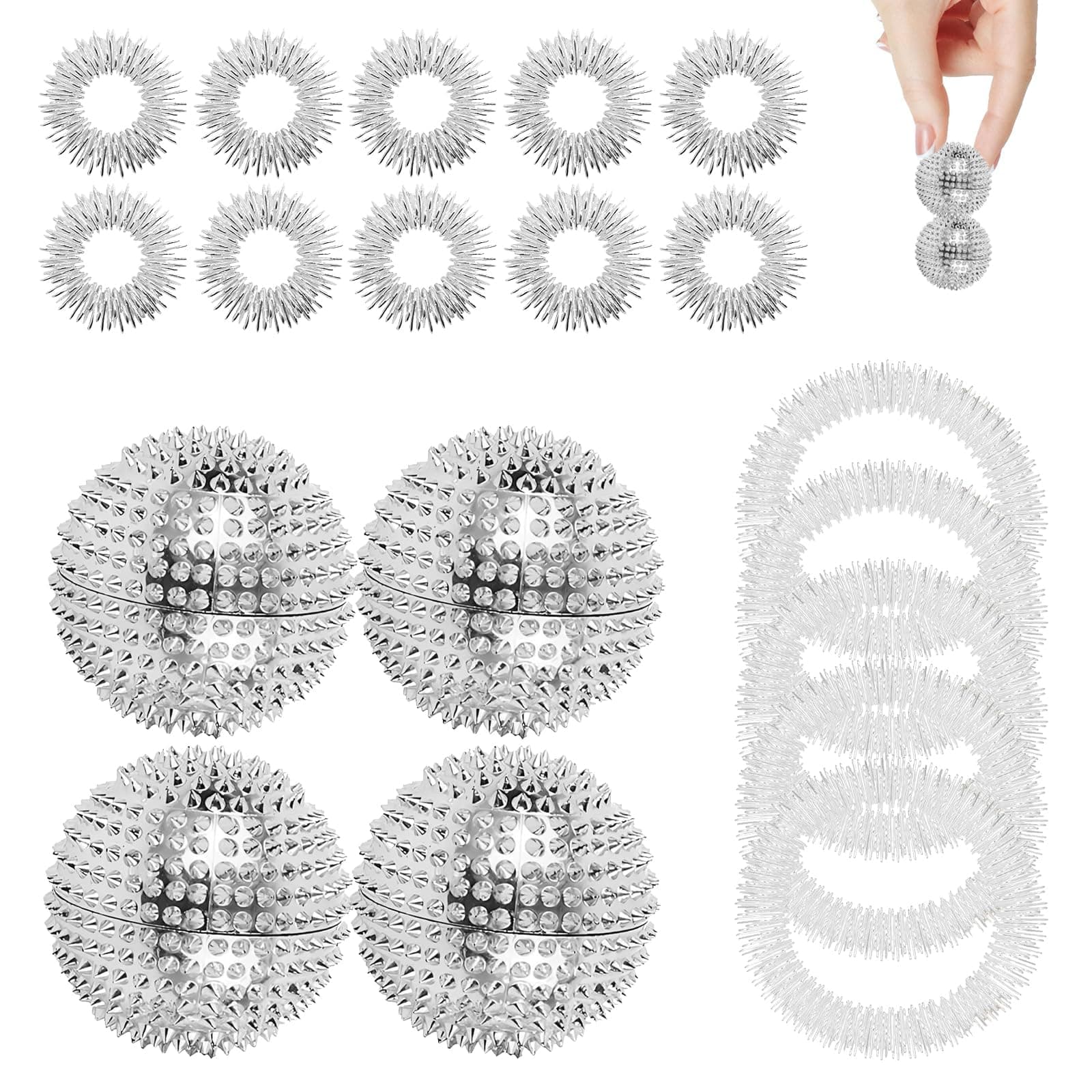 DALAETUS 4 Pcs Massage Ball Set with 10 Massage Ring & 5 Massage Bracelet, Spiky Massage Ball, Acupressure Ball for Stress Relief Tight Muscles (Silver)