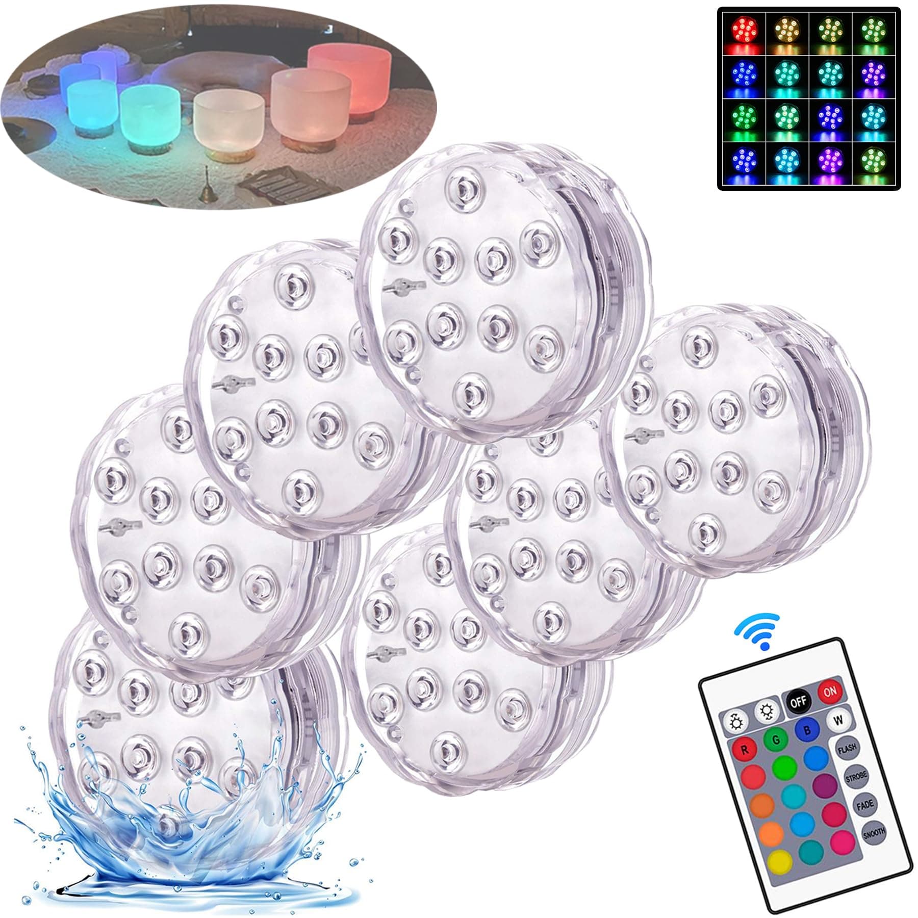 7-Pack LED Lights for Crystal Singing Bowl Set, (16 Color) RGB Multi-Color Changing Crystal Singing Bowl Lights with Remote Control, Waterproof Decorations for Holiday Party, Battery Operated