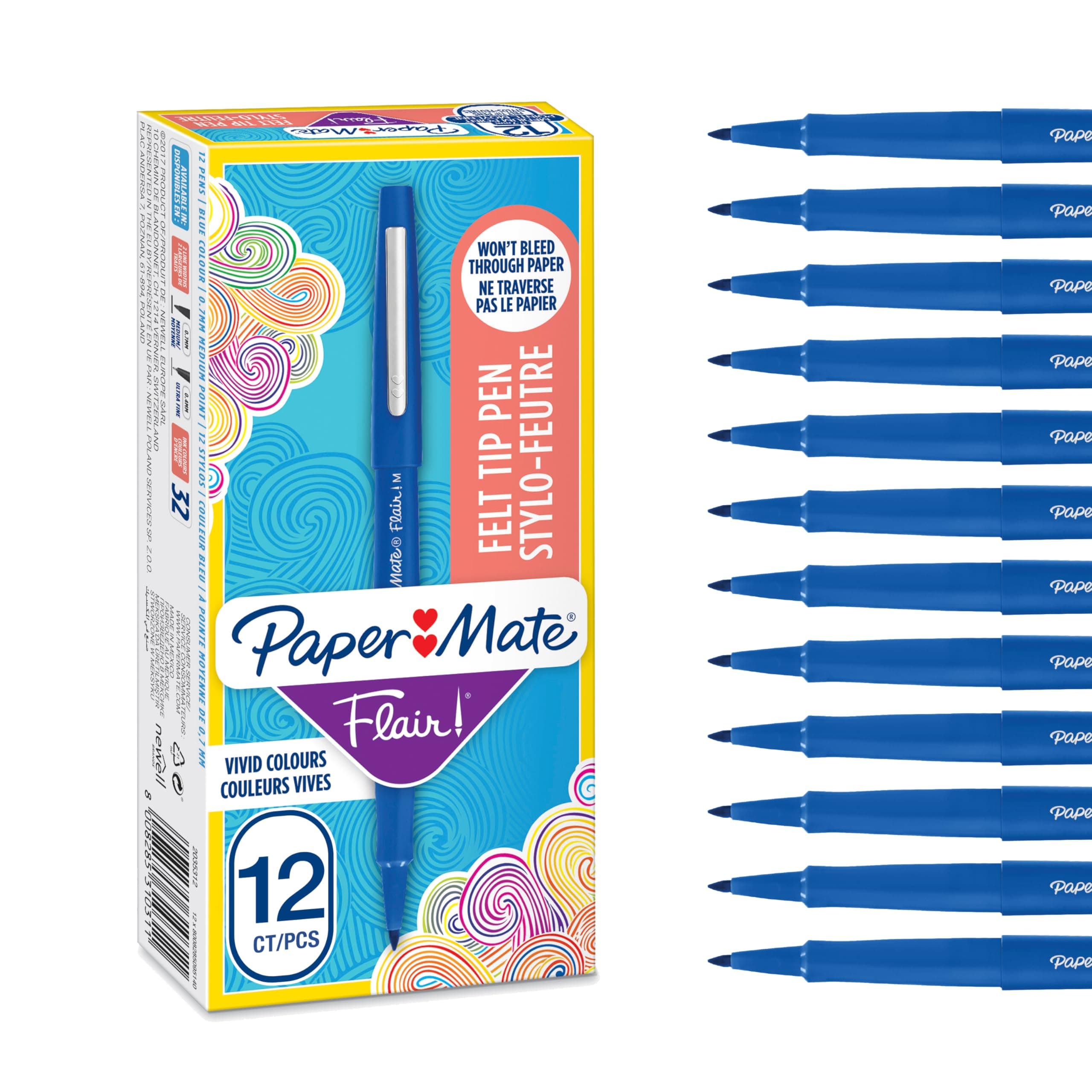 Flair Felt Tip Pens | Medium Point (0.7 mm) Writing Pens | Blue Pens | for Writing, Drawing & Sketching | 12 Count