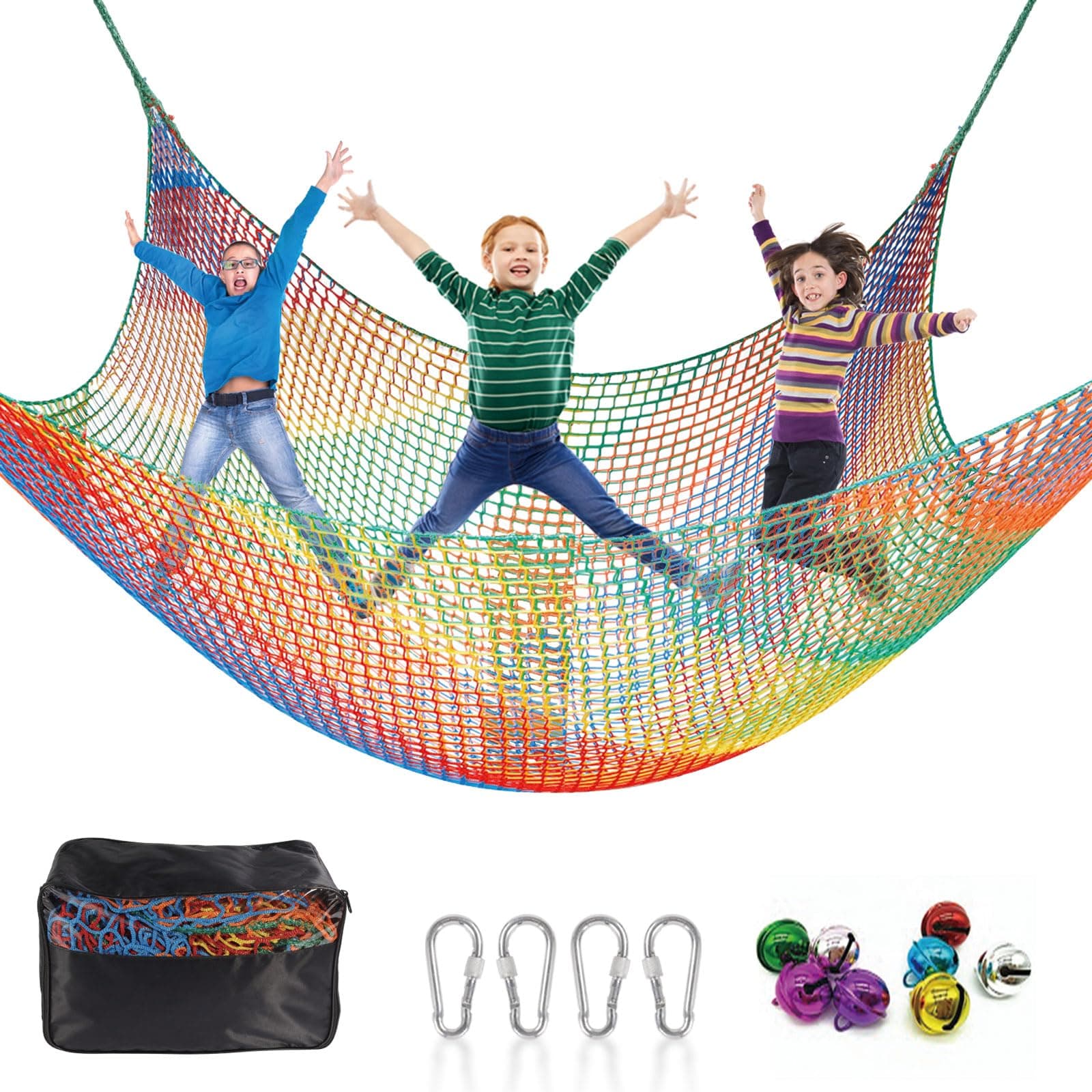 Kids Playground 9.8 x 9.8Ft Climbing Cargo Net - Kids Playground Safety Net,Polyester Double Layers Rope Bridge Net for Tree House and Outdoor Adventure(Rainbow)