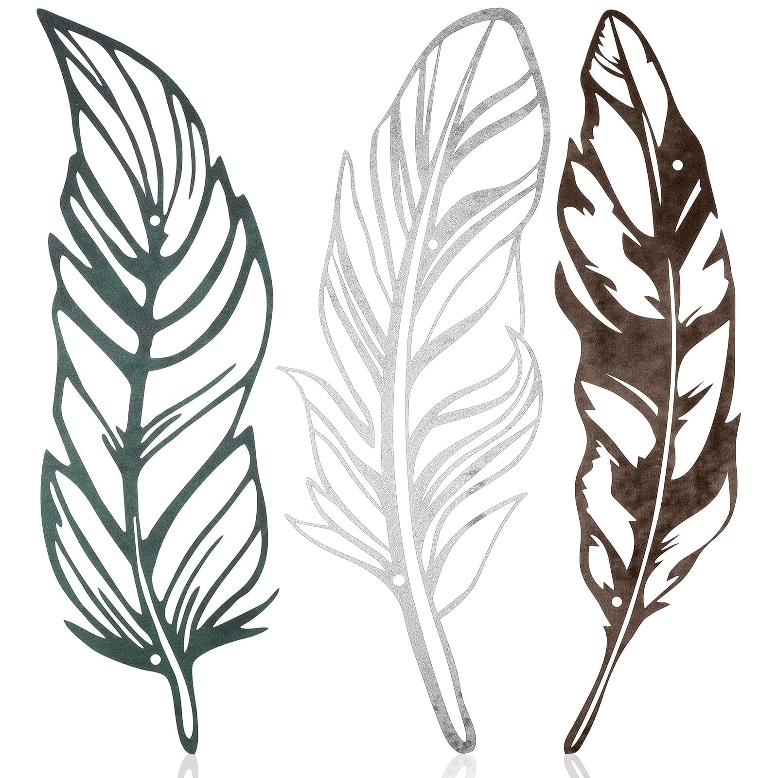 3 Pieces Metal Feather Wall Decor Large Rustic Feather Decor Distressed Metal Wall Sculpture Laser Cut Hanging Decors for Home Kitchen, Retro White, Turquoise, Old Copper Color