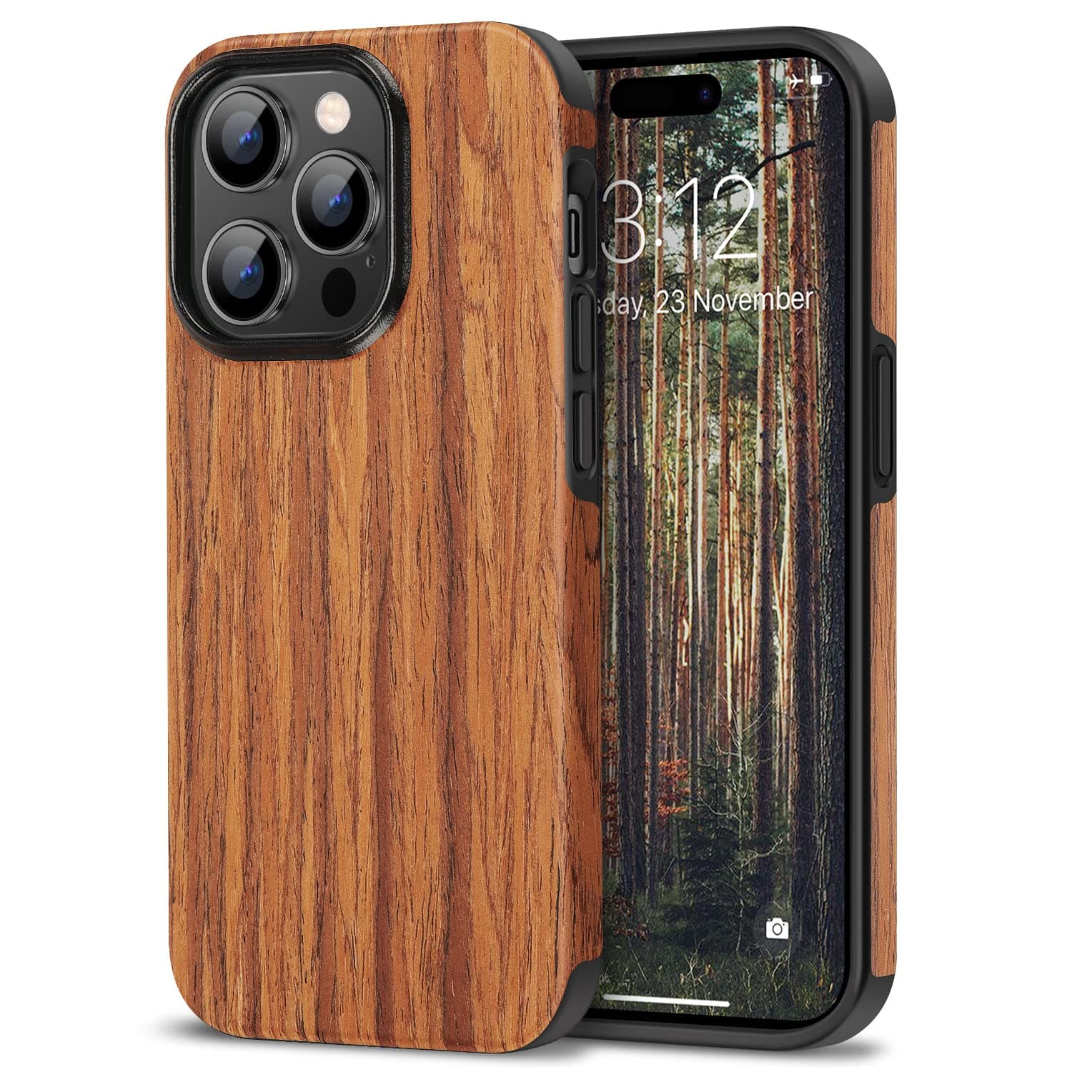 TENDLIN Compatible with iPhone 14 Pro Max Case Wood Grain Outside Design TPU Hybrid Case (Red Sandalwood)