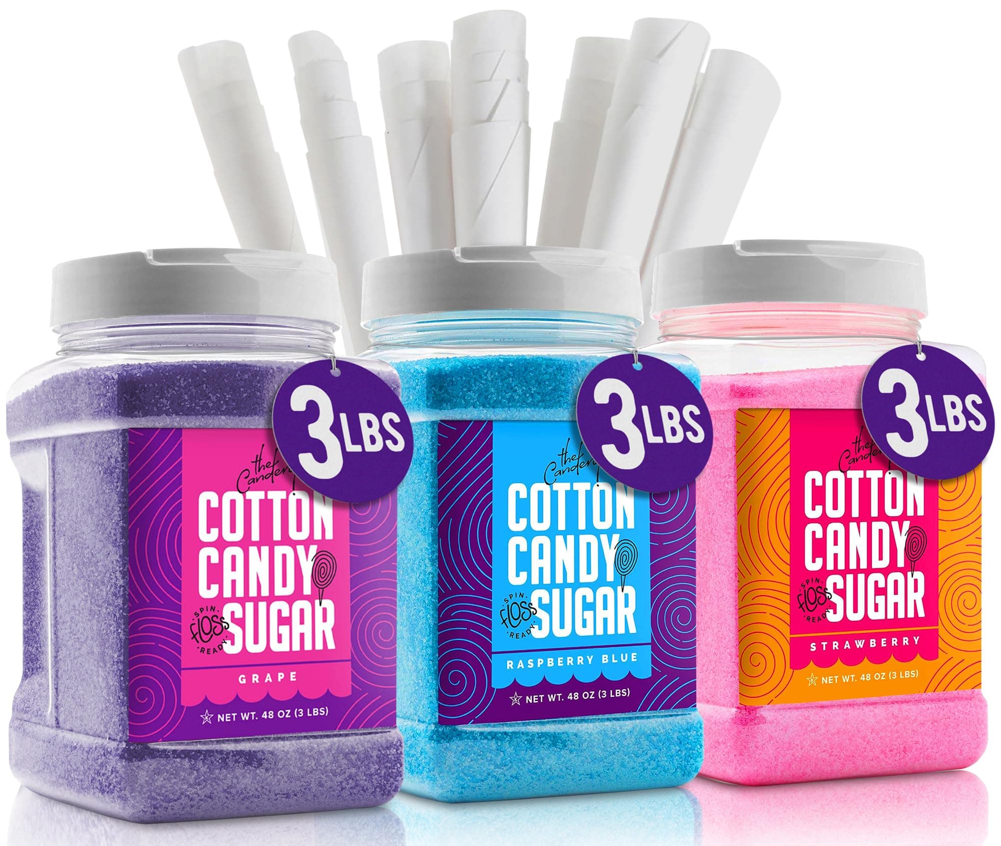 The Candery Cotton Candy Floss Sugar (3-Pack) Includes 100 Premium Cones (3-Pack 46oz with 100 Cones)