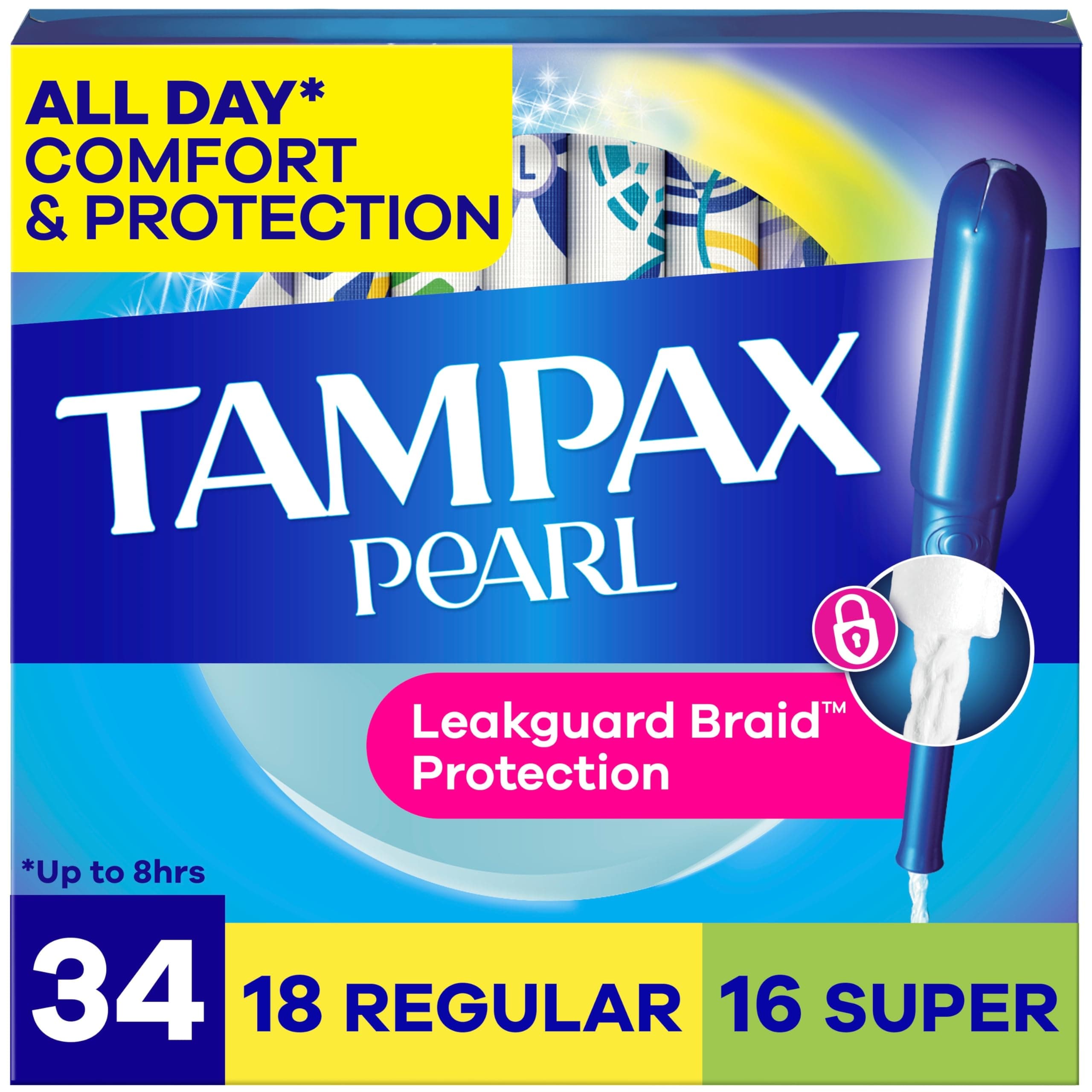 Pearl Tampons for Women Multipack, with LeakGuard Braid, Regular/Super Absorbency, Unscented, 34 Count