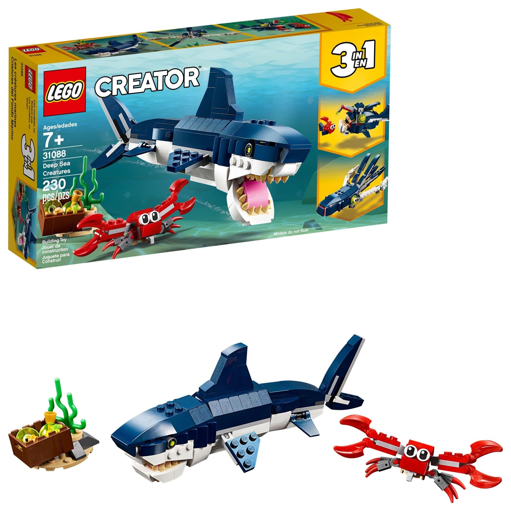 Creator 3 in 1 Deep Sea Creatures, Transforms from Shark and Crab to Squid to Angler Fish, Sea Animal Toys, Gifts for 7 Plus Year Old Girls and Boys, 31088