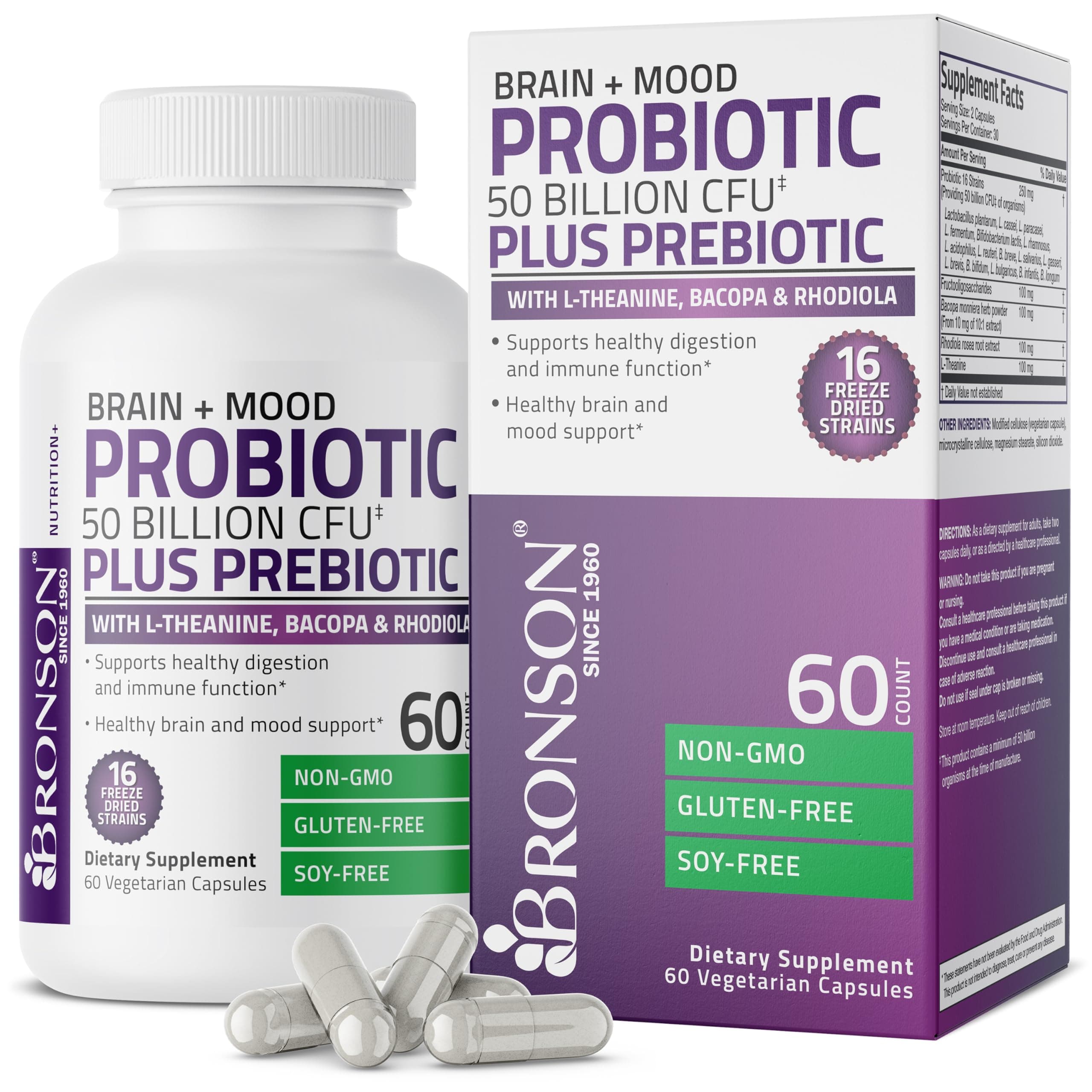 Brain + Mood Probiotic 50 Billion CFU Plus Prebiotic with L-Theanine, Bacopa and Rhodiola Non-GMO, 60 Vegetarian Capsules