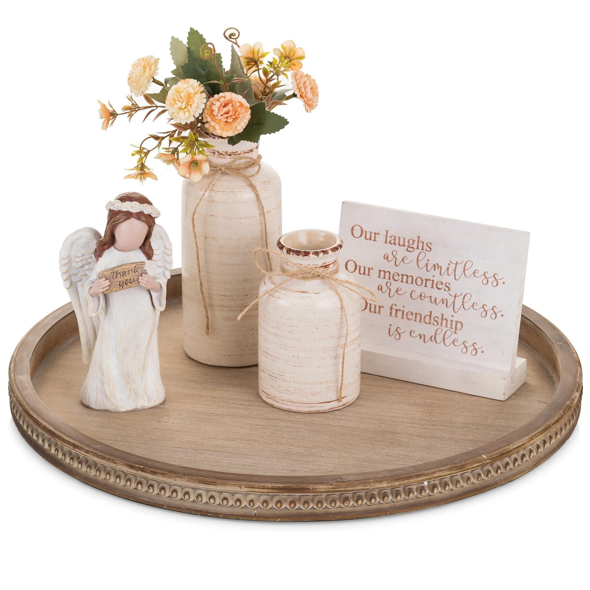 Hanobe Large Round Decorative Tray: Coffee Table Beaded Tray Rustic Wood Trays Decor Farmhouse Ottoman Circle Tray Vintage Centerpiece Wooden Serving Trays for Living Room Home for Counter, Brown