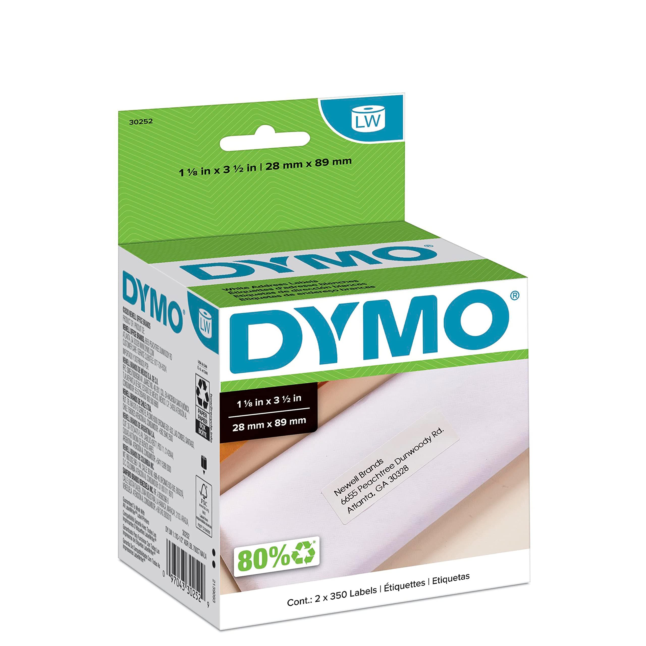 DYMO Authentic LW White Mailing Address Labels DYMO Labels for LabelWriter Label Printers 1-1/8" x 3-1/2" 2 Rolls of 350 (700 Total)