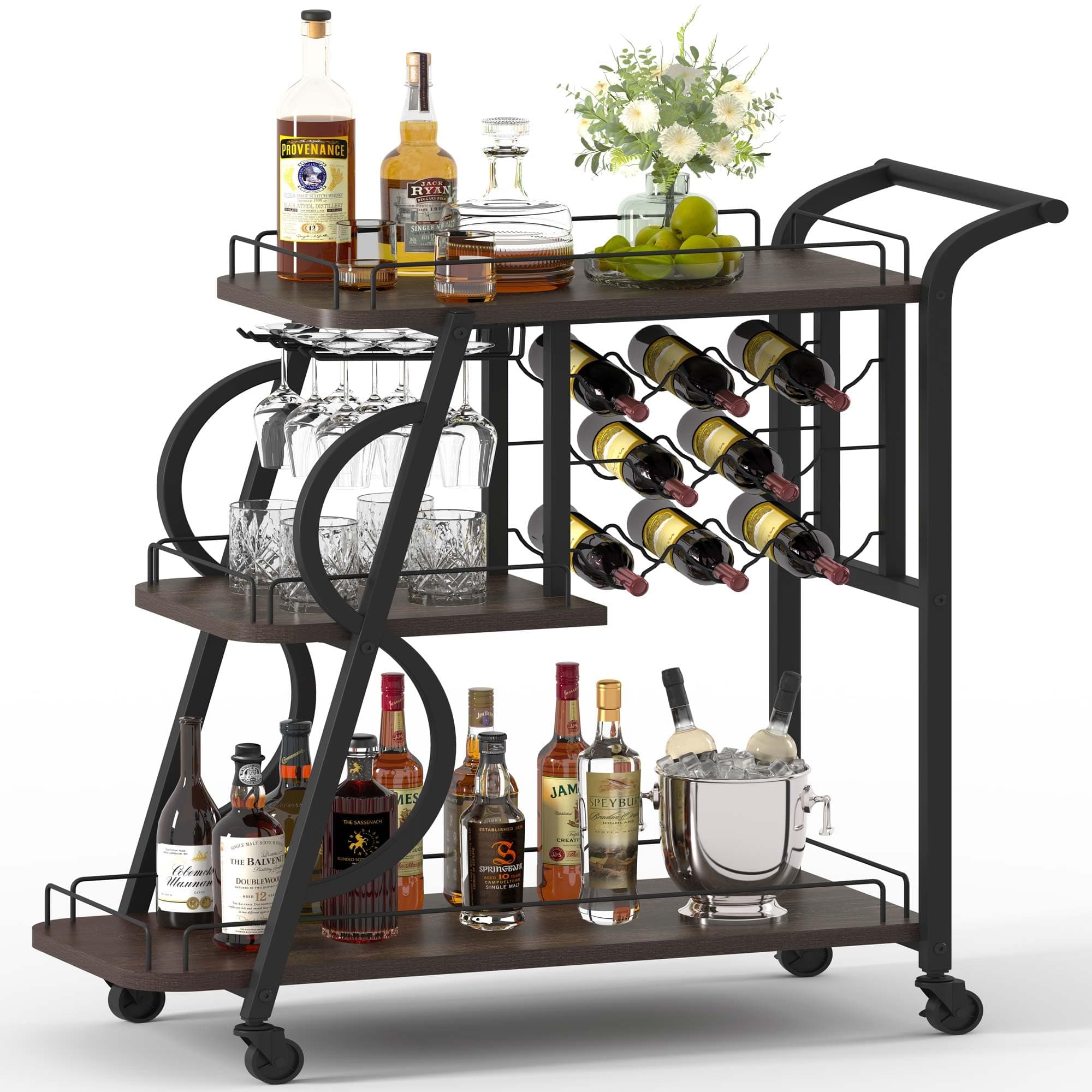 Rustic Bar Cart, 3 Tier Rolling Bar Carts for The Home, Industrial Home Serving Cart with Wine Glass Holder, Wood Metal Liquor Trolley, Mobile Beverage and Drink Carts (Walnut Brown)
