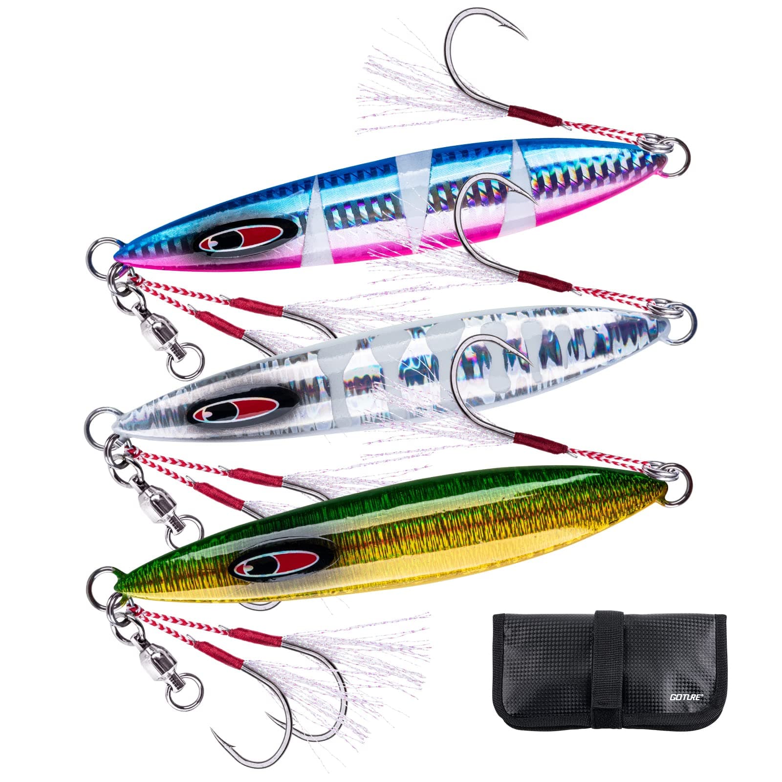 Goture Glow Slow Pitch Jigs with Portable Jig Bag, Double Assist Hook Fishing Jig Lead Saltwater Jigging Lures for Tuna, Dogtooth Tuna, Yellowtail, Kingfish, Bluefin-3Weights(100g/150g/250g) &3Colors