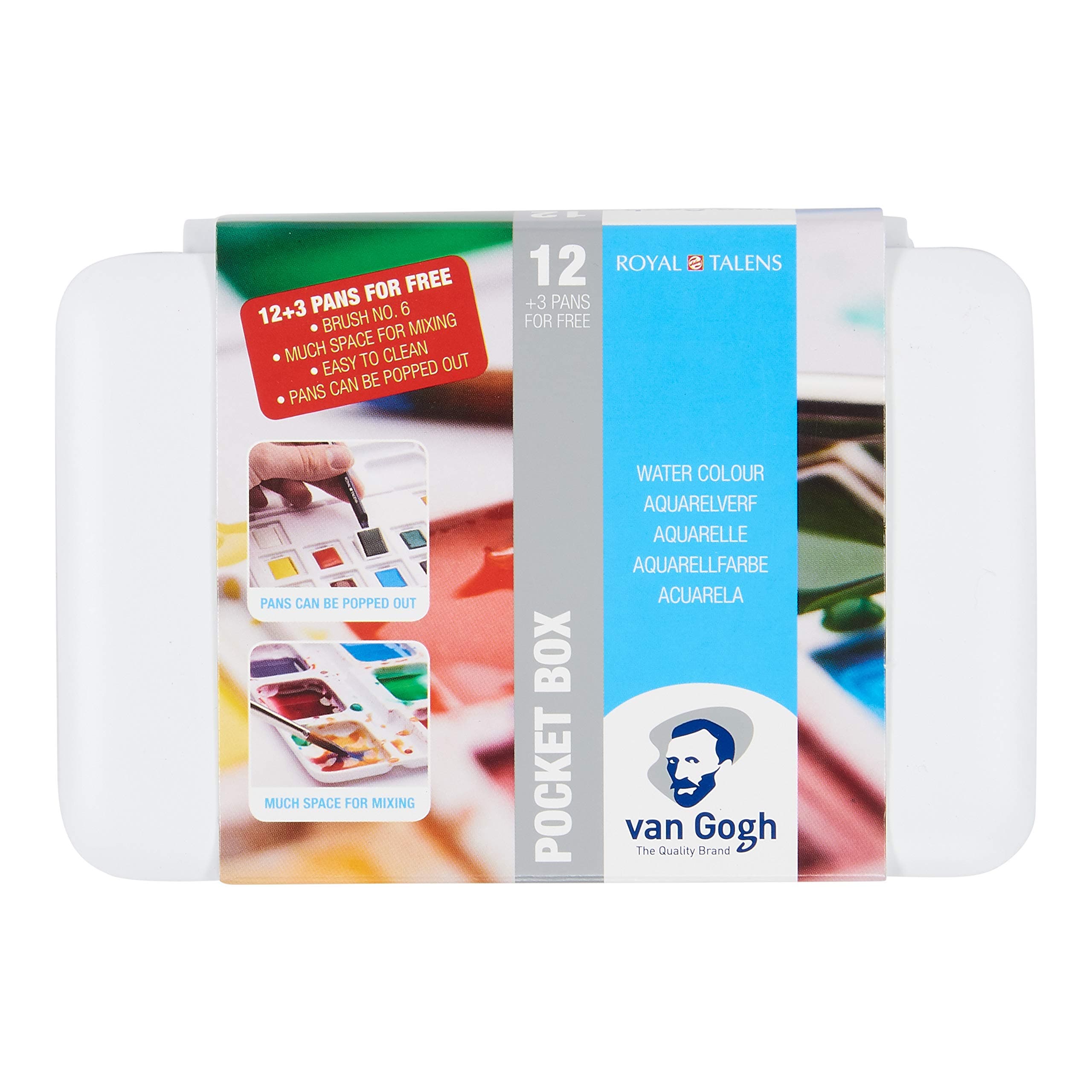 Watercolor Paint Set, Plastic Pocketbox, 12-Half Pan + 3-Half Pan Bonus General Selection