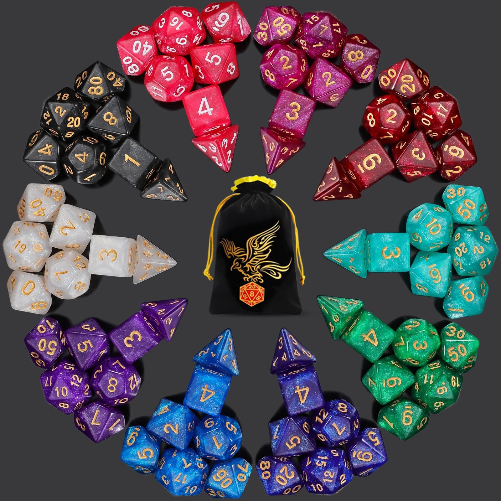 QMAY 70PCS DND Dice, Glitter Polyhedral Game Dice Set Role Playing Dice Compatible with Dungeons and Dragons DND RPG MTG Table Games