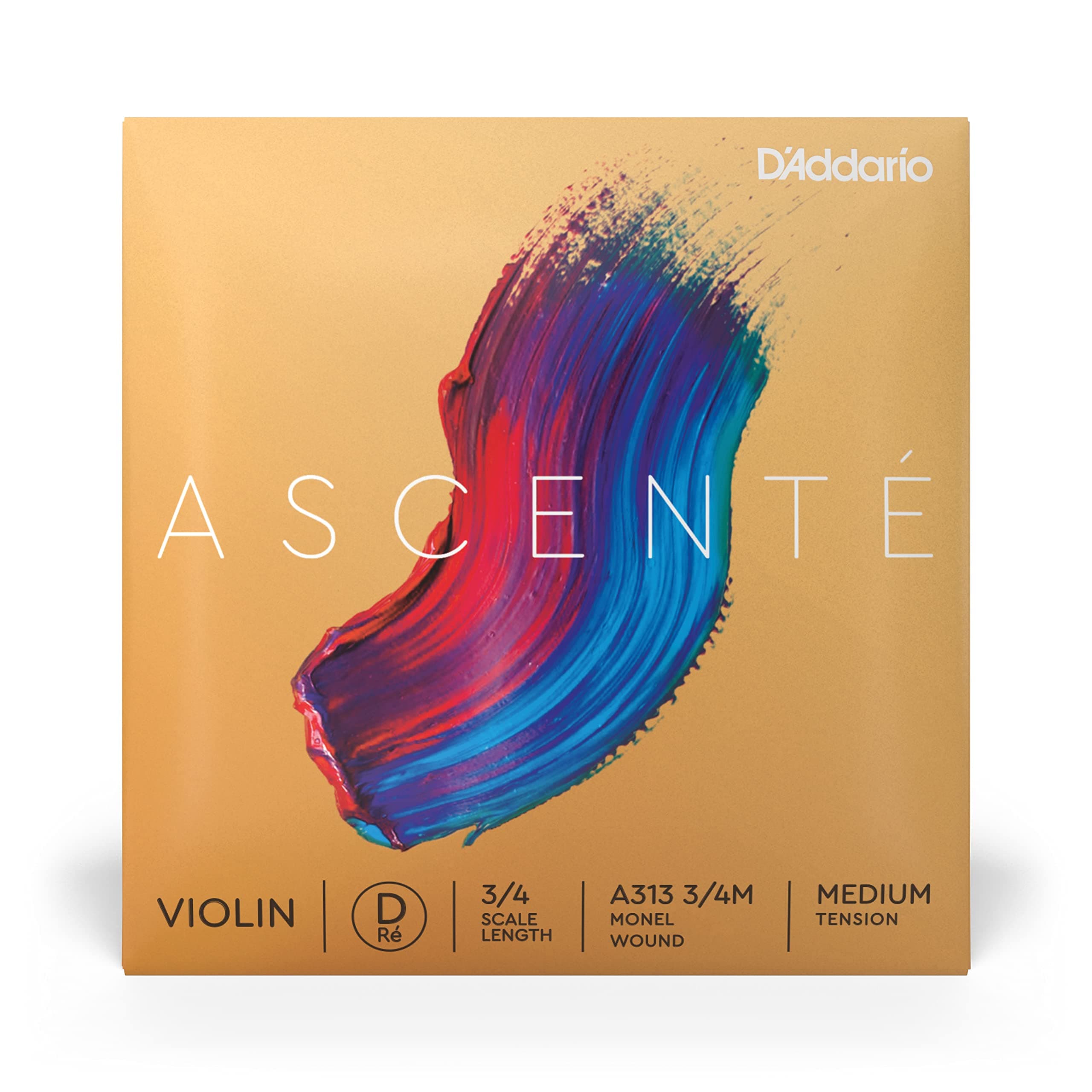 D'Addario Ascente Violin Strings - Violin Strings with Ball Ends, Synthetic Core - A313 3/4M - D String - 3/4 Scale - Medium Tension