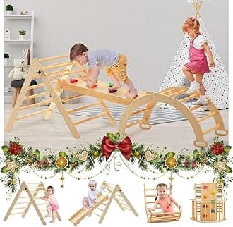 FUNLIO Foldable Pikler Triangle Set (3 Piece), Montessori Climbing Set with Solid Wood for Toddlers 2-6 yrs, Adjustable 3-in-1 Indoor Play Gym with Arch/Slide/Climbing Rock/Triangle, Easy to Install