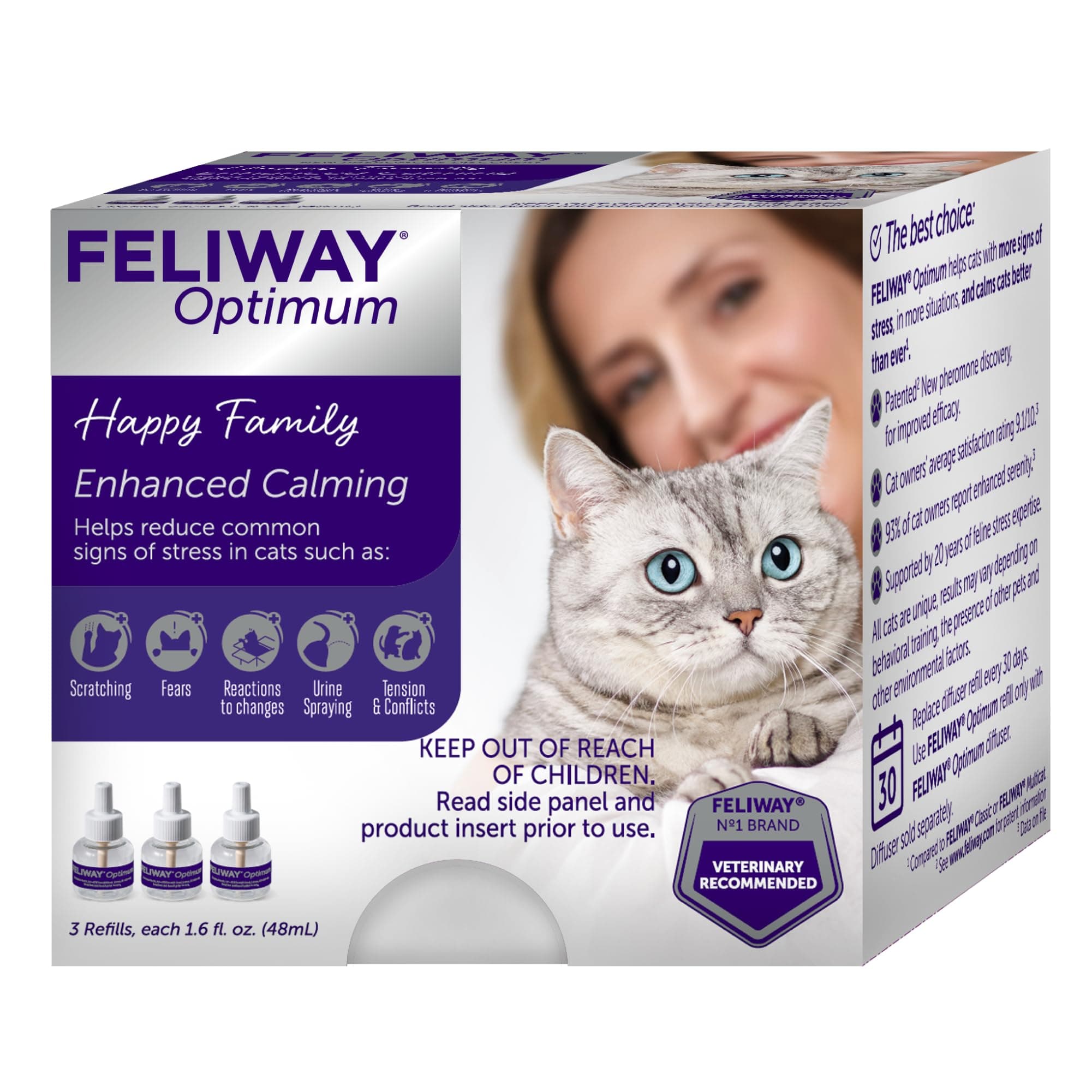 FELIWAY Optimum 3 x 30 Day Cat Calming Refills for Pheromone Diffuser, 3 x 48ml Value Pack - Helps Reduce Common Signs of Stress in Cats & Kittens, Enhanced Calming