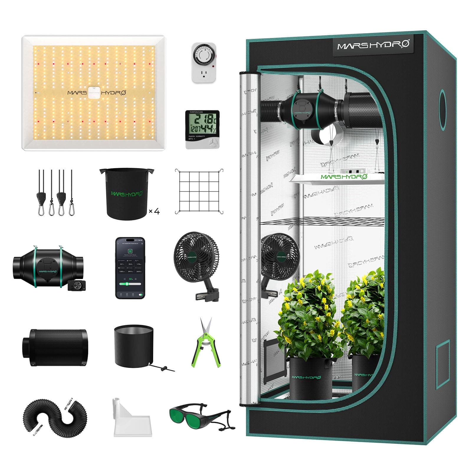 MARSHYDRO TS1000W Glow Tent Kit Complete 2x2ft LED Glow Light Dimmable Full Spectrum Indoor Grow Tent Complete System 27"x27"x63" Hydroponics Tent Kit 1680D with 4" Ventilation Kit