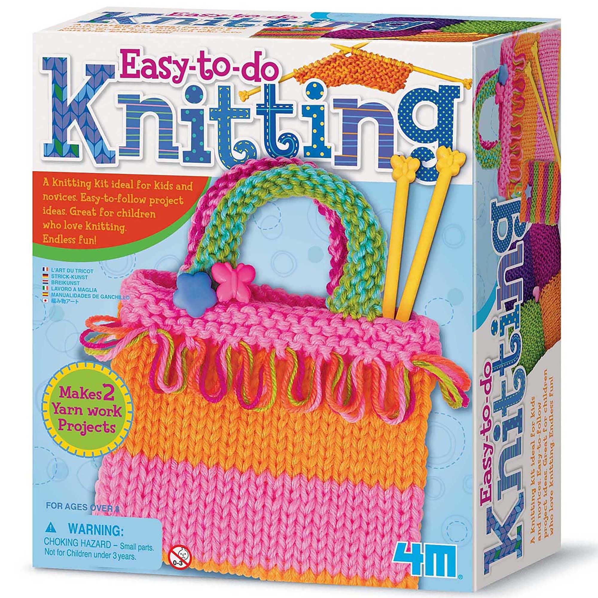 4M Easy‑To‑Do Knitting Art Kit – Beginner Yarn Craft Set for Kids & Teens Ages 8+ | Learn to Knit Coasters, Bags or Accessories with Multiple Yarn Colors & Two Needle Pairs | 00‑02753