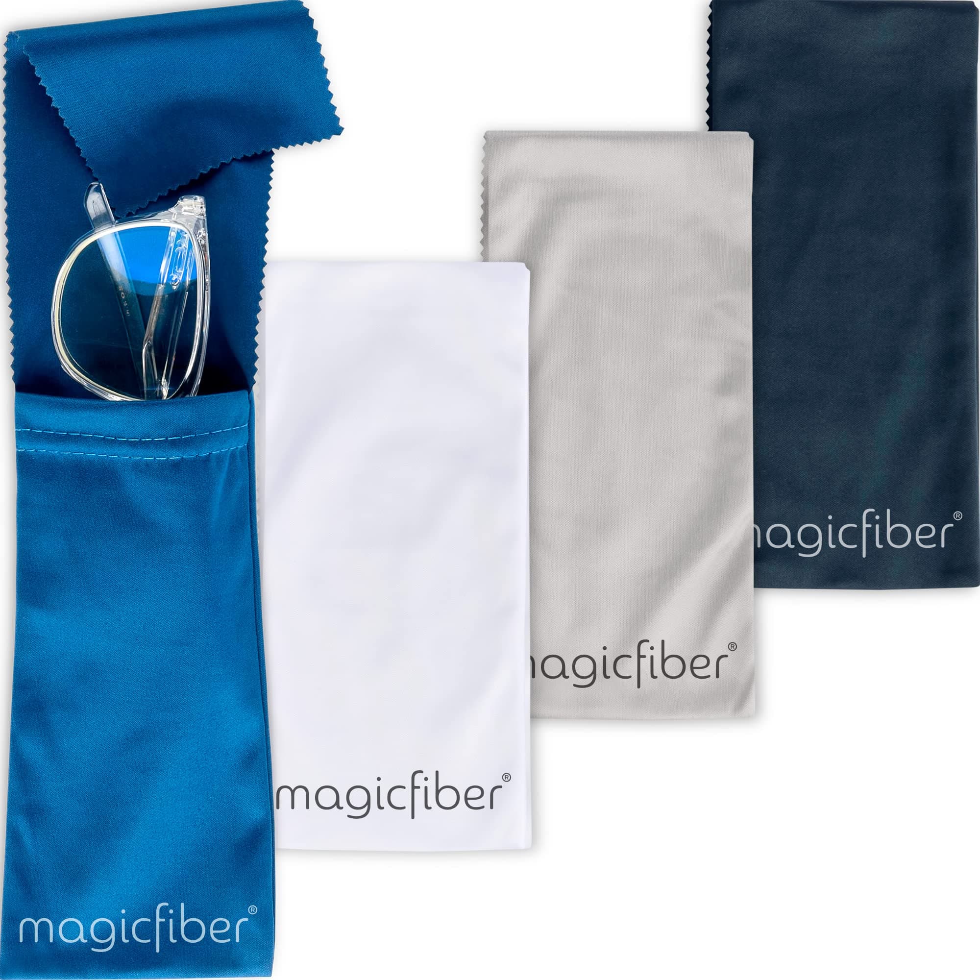 MagicFiber Ultra-Soft Microfiber Glasses & Sunglasses Pouch Case (4 Color Pack) Slim Eyeglass & Sunglass Sleeve with Built‑in Cleaning Cloth, Eye Glass & Sun Glass Wrap for Eyewear, Phone, Men, Women