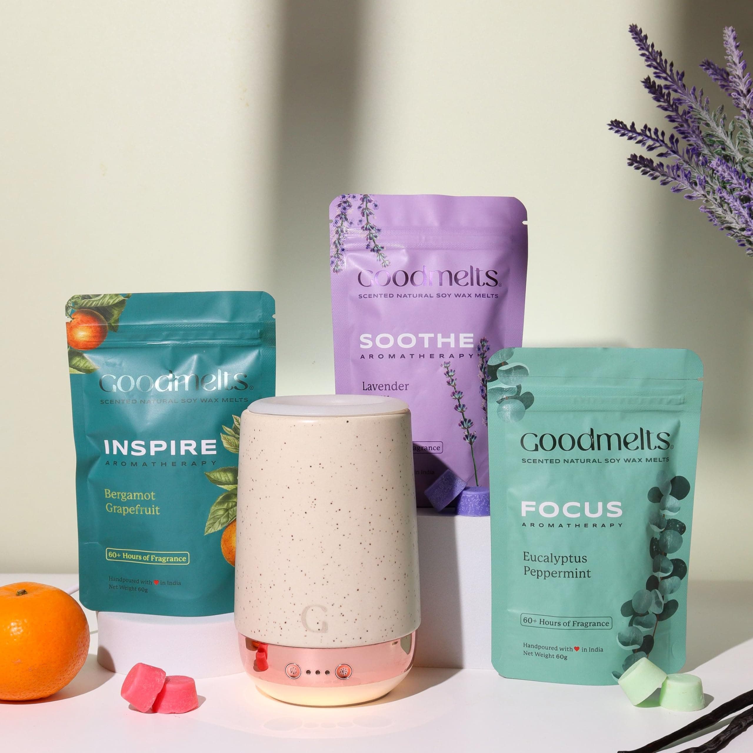 - Aura Wax Melting Starter Kit - Ceramic Aroma Diffuser with 1 Warmer & 3 Scented Soy Melts (180+ Hours Scent Time) - Safe, Smoke-Free, Natural Fragrance for Home- Speckled White, Aromatherapy