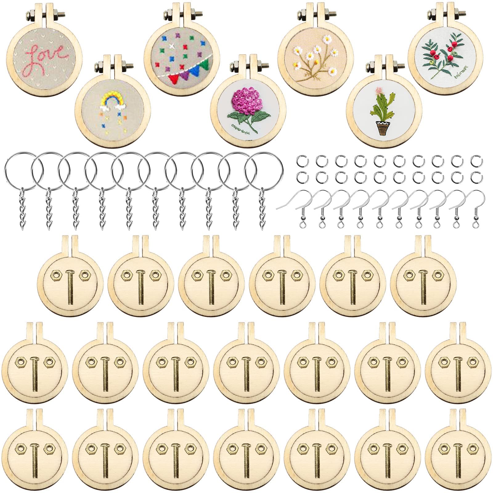 ZOCONE 20 Packs Mini Embroidery Hoops, Small Ring Tiny Embroidery Hoops with Keychain Earring Hooks Jump Rings, Round Wood Hoops for DIY Embroidery Necklace Jewelry Pendant and Keychain