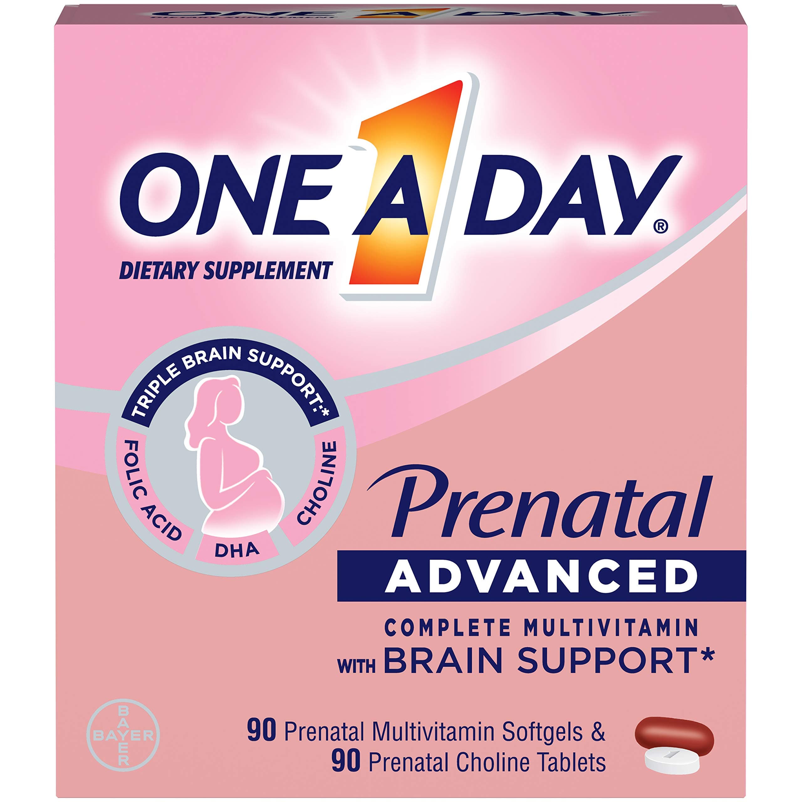 One A Day Women's Prenatal Advanced Complete Multivitamin with Brain Support* with Choline, Folic Acid, Omega-3 DHA & Iron for Pre, During and Post Pregnancy, 90+90 Count, (180 Count Total Set)
