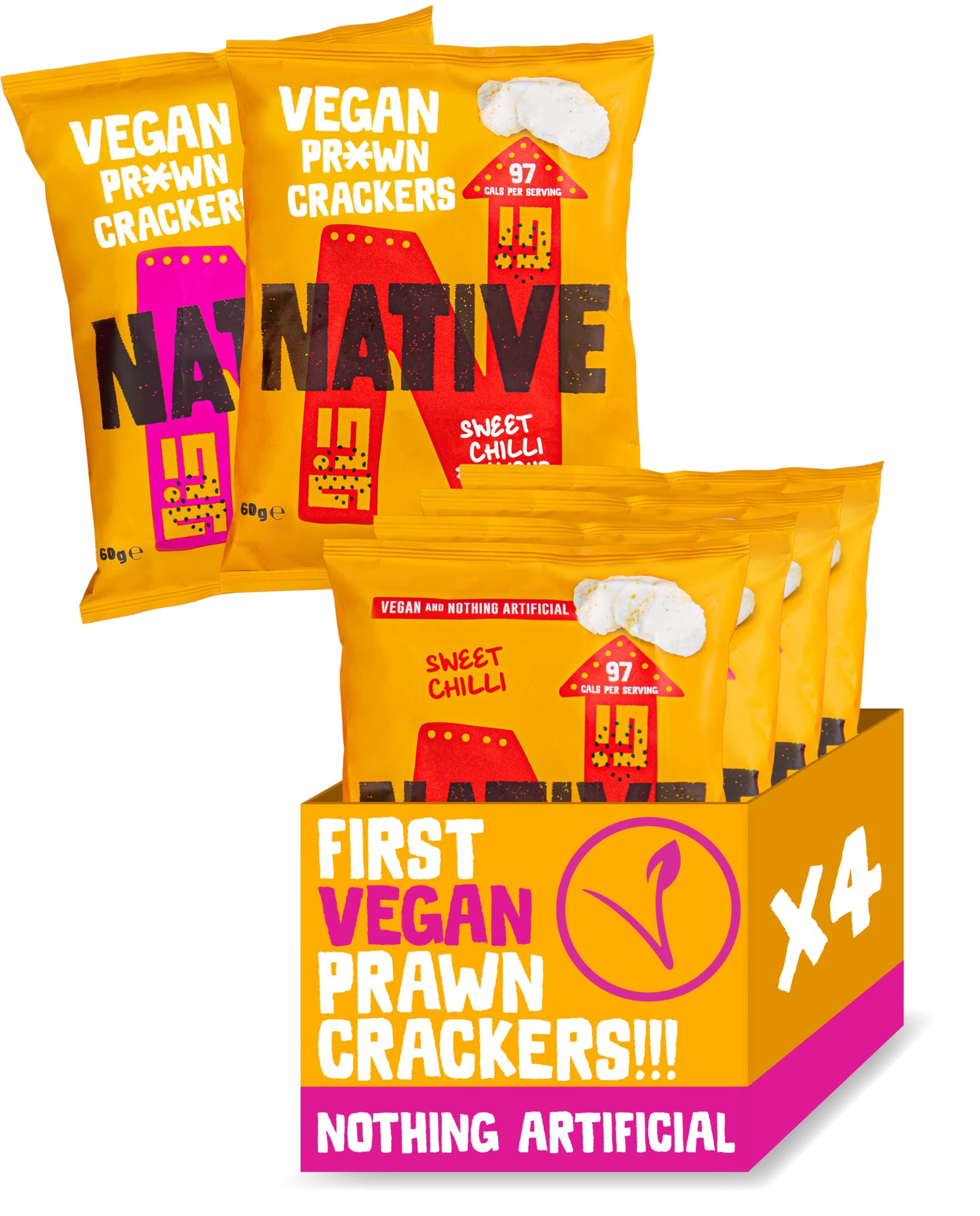 NATIVE Taster Pack (Original & Sweet Chilli) Vegan Prawn Crackers, 4 x 60g Sharing Bags. Low Calorie, No Gluten, Low Fat & Plant-Based. A Light, Crunchy, Not Oily & Ideal for Dipping Healthy Snack