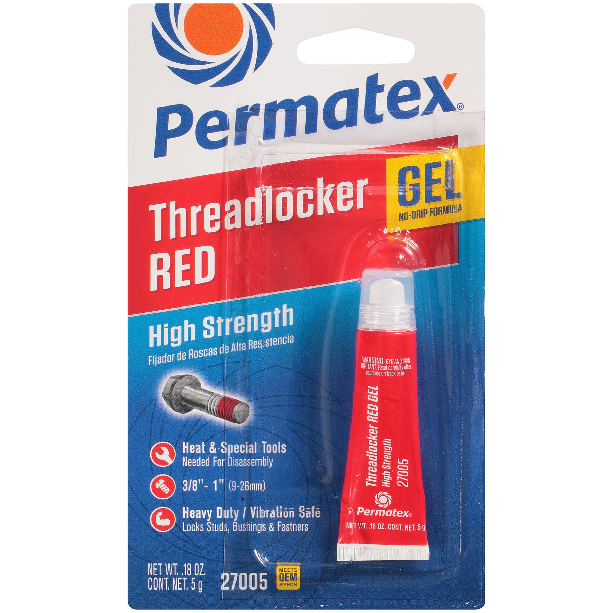 27005 High Strength Threadlocker: Permanently Locks Studs with 3,000 PSI Holding Power, Replaces Set Screws & Snap Rings, Removal Requires Heat or Special Tools, Red Gel, 5g