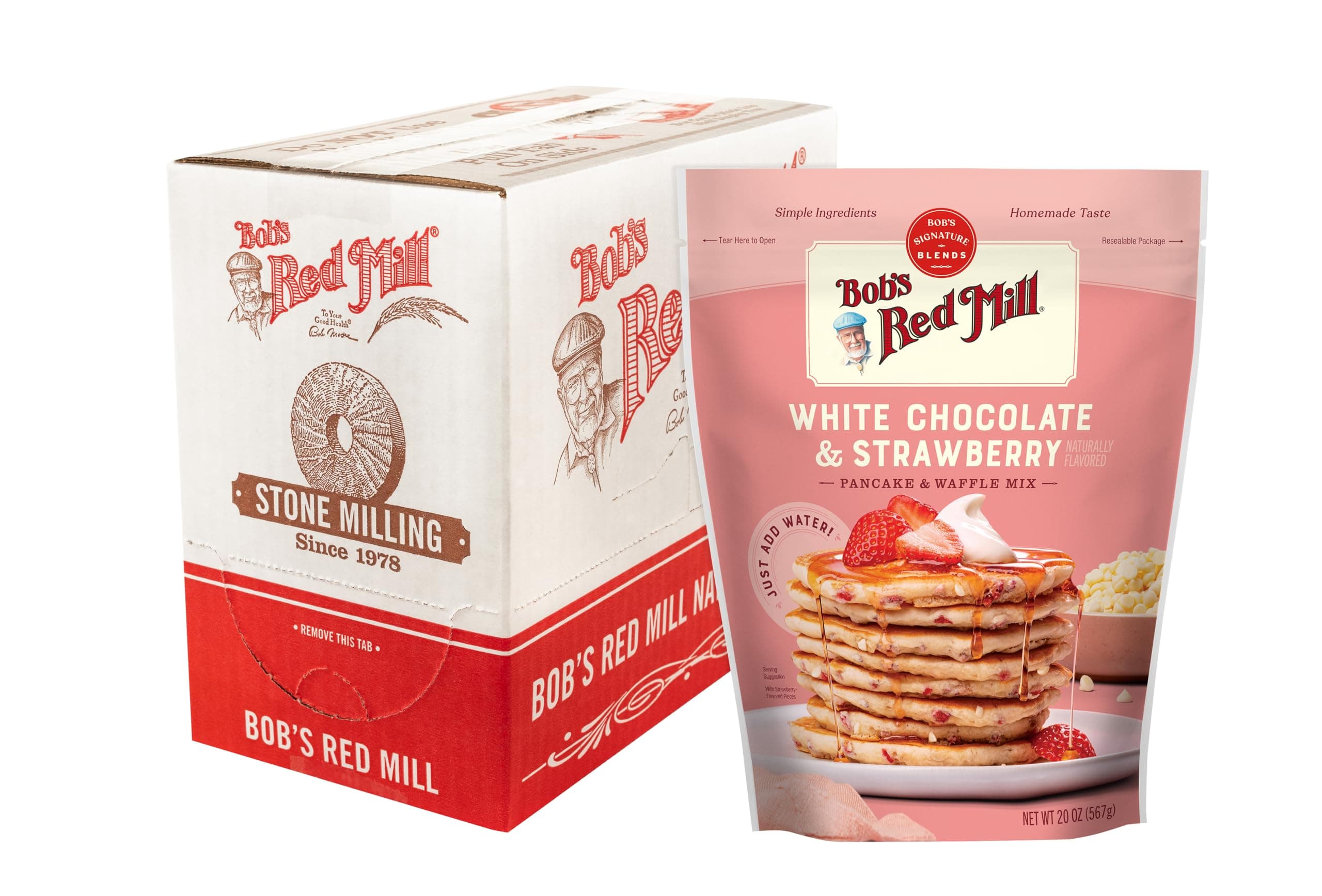 White Chocolate & Strawberry Pancake Mix, 20oz (Pack of 4) - Just Add Water, Makes 32-40 Pancakes per Bag