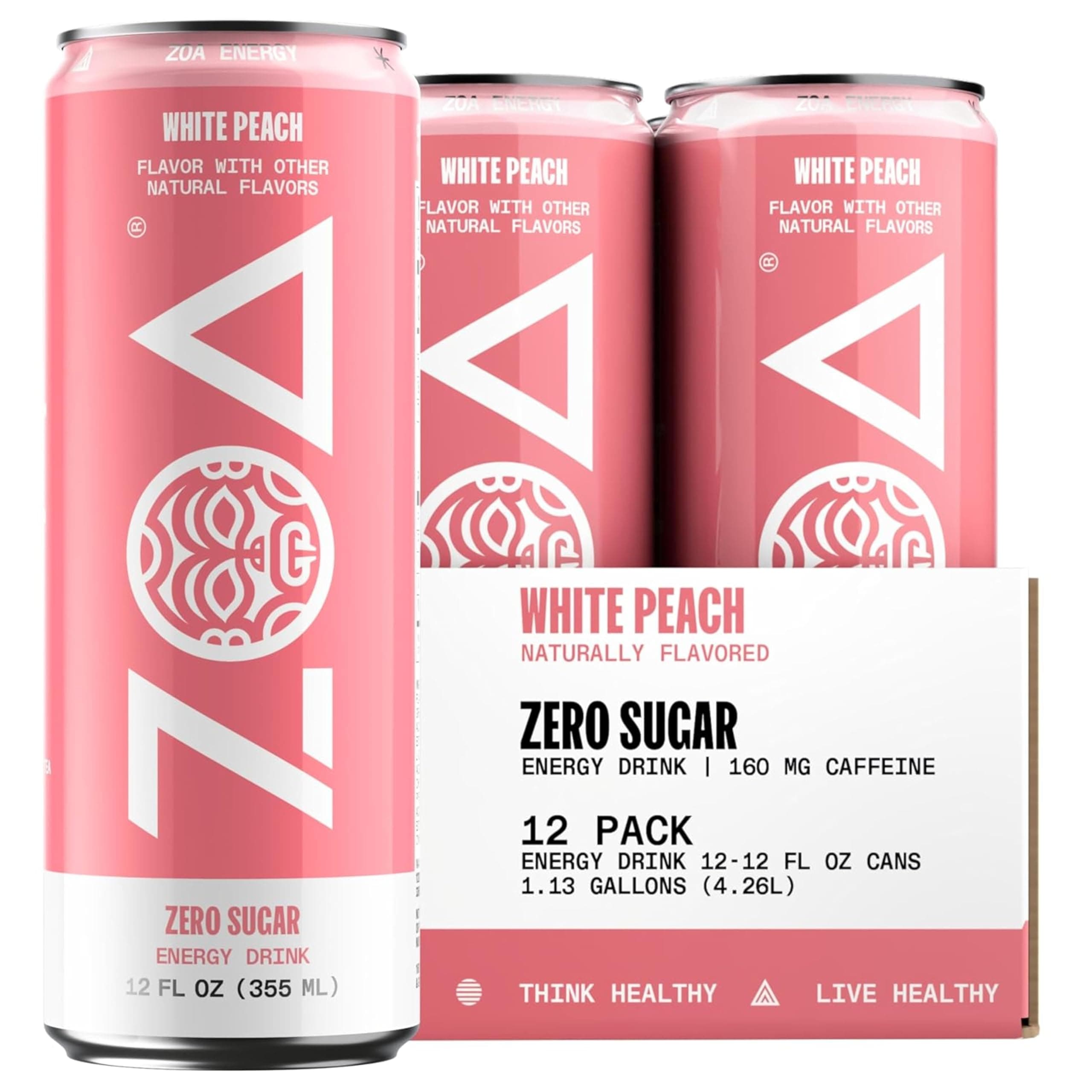 ZOA Zero Sugar Energy Drinks, White Peach - Sugar Free with Electrolytes, Healthy Vitamin C, Amino Acids, Essential B-Vitamins, and Caffeine from Green Tea - 16 Fl Oz (12-Pack)