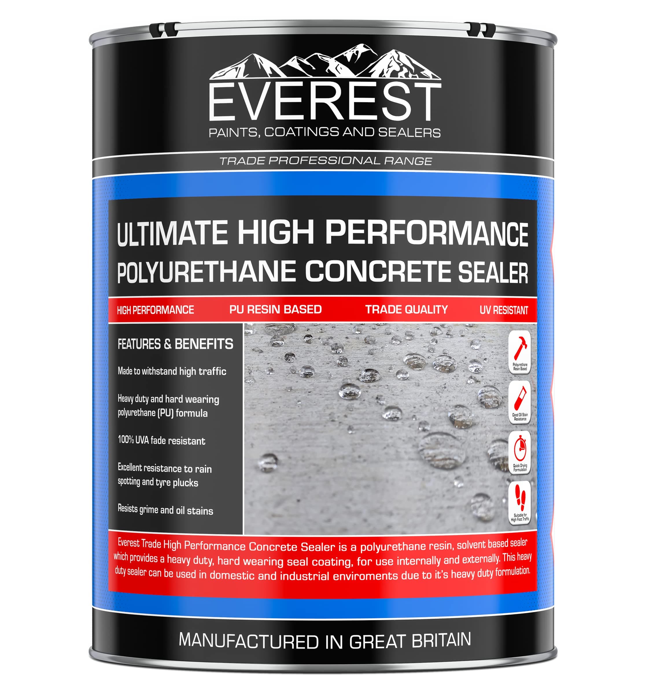 Everest Trade - Concrete Sealer - Polyurethane (PU) Resin Based - Internal And External (Clear, 5 Litre)