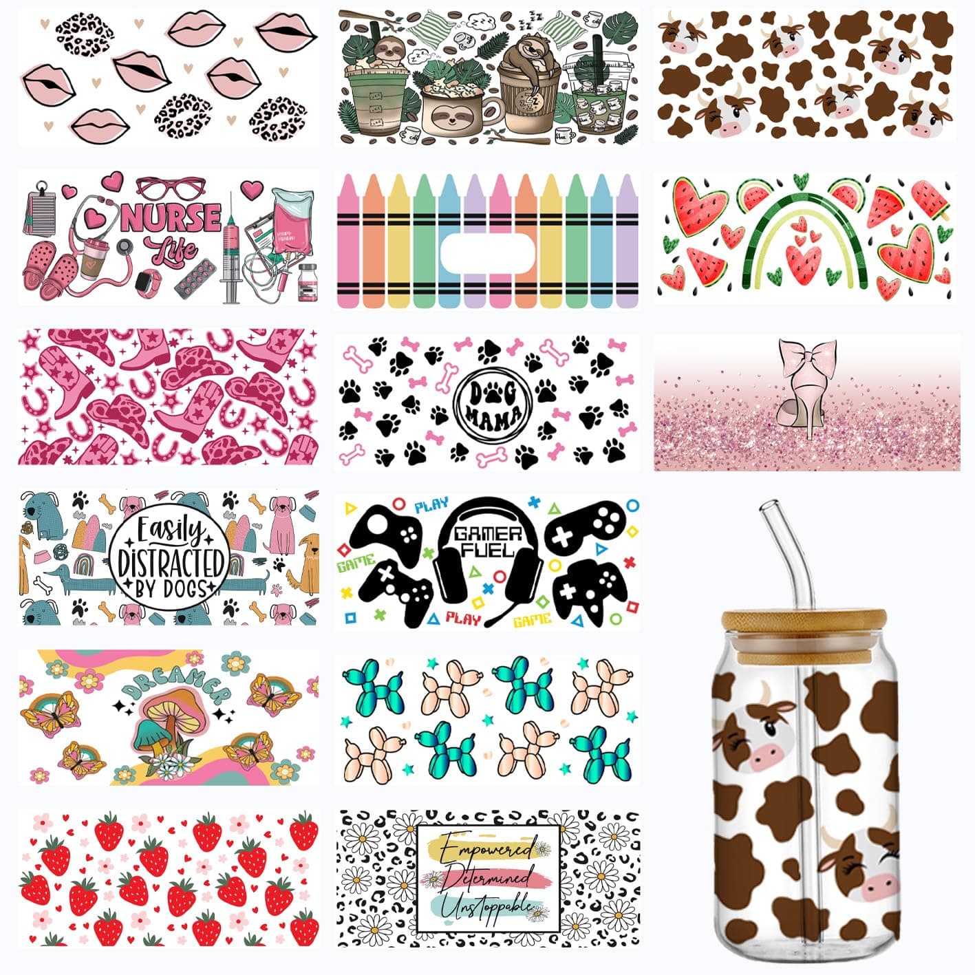 UV DTF Cup Wraps for 16 OZ, 15 Sheets Cute Theme Decals Transfer Stickers for Glass Cups Tumblers (Mix-1)