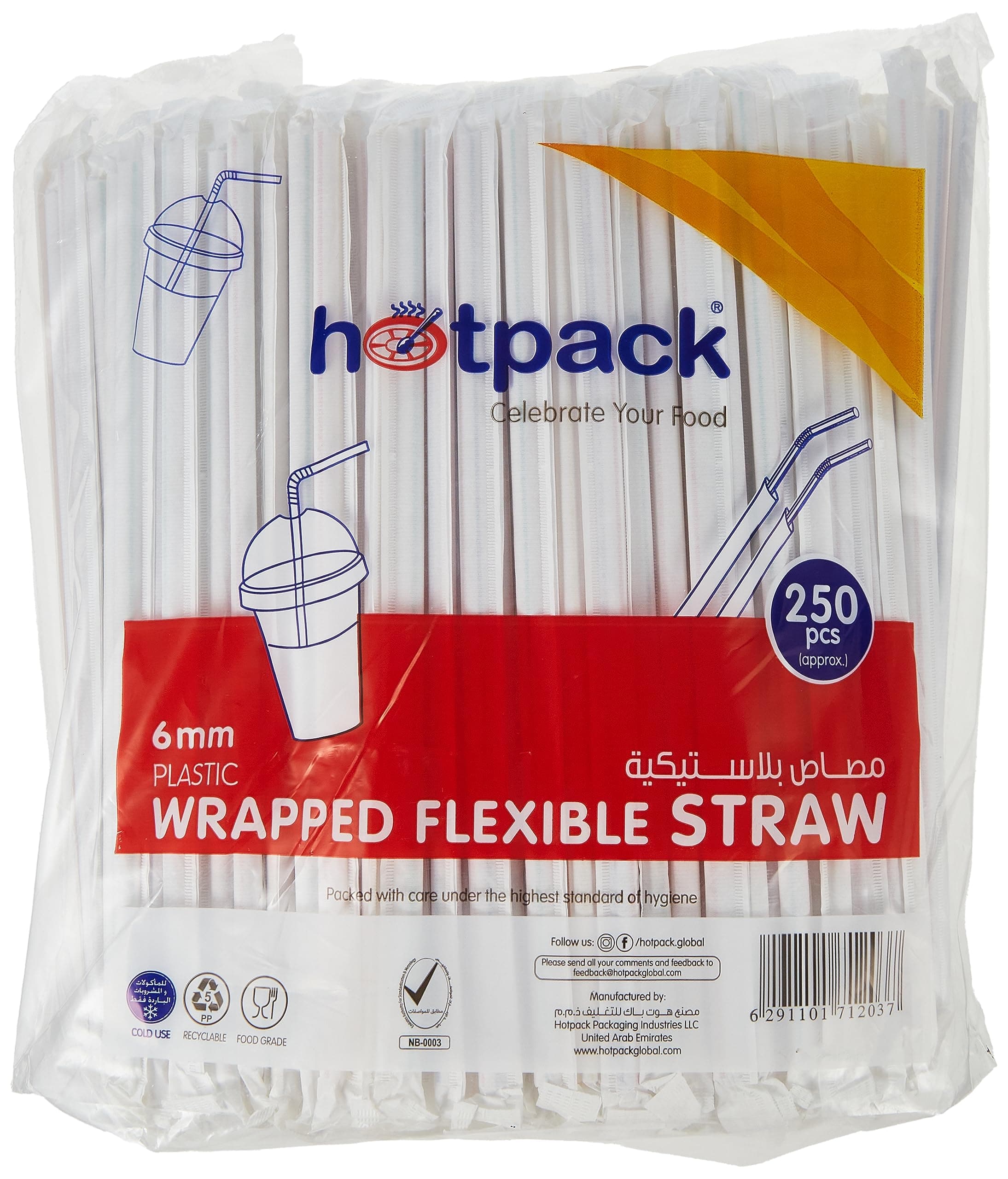 Hotpack Disposable Wrapped Plastic Drinking Straws - 6mm, 250 Pcs (Straww)
