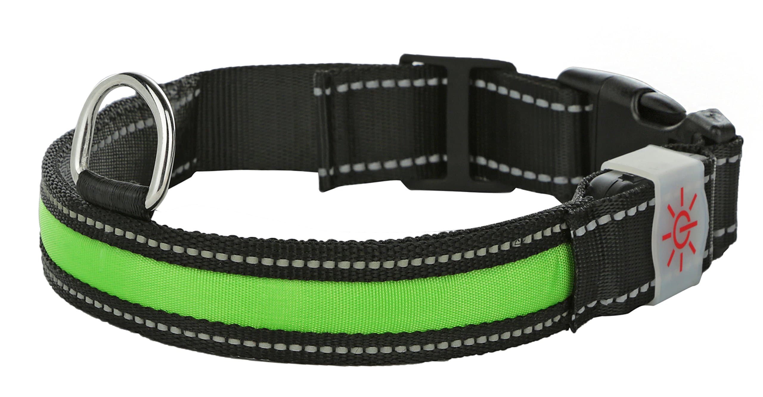 Light Up Rechargeable LED Nylon Dog Collar with 3 Light Settings and Strong Buckle - Includes USB Charger - Keep Pet Safe and Visible 3 Sizes (Large, 1 x 23.5 in, Green)