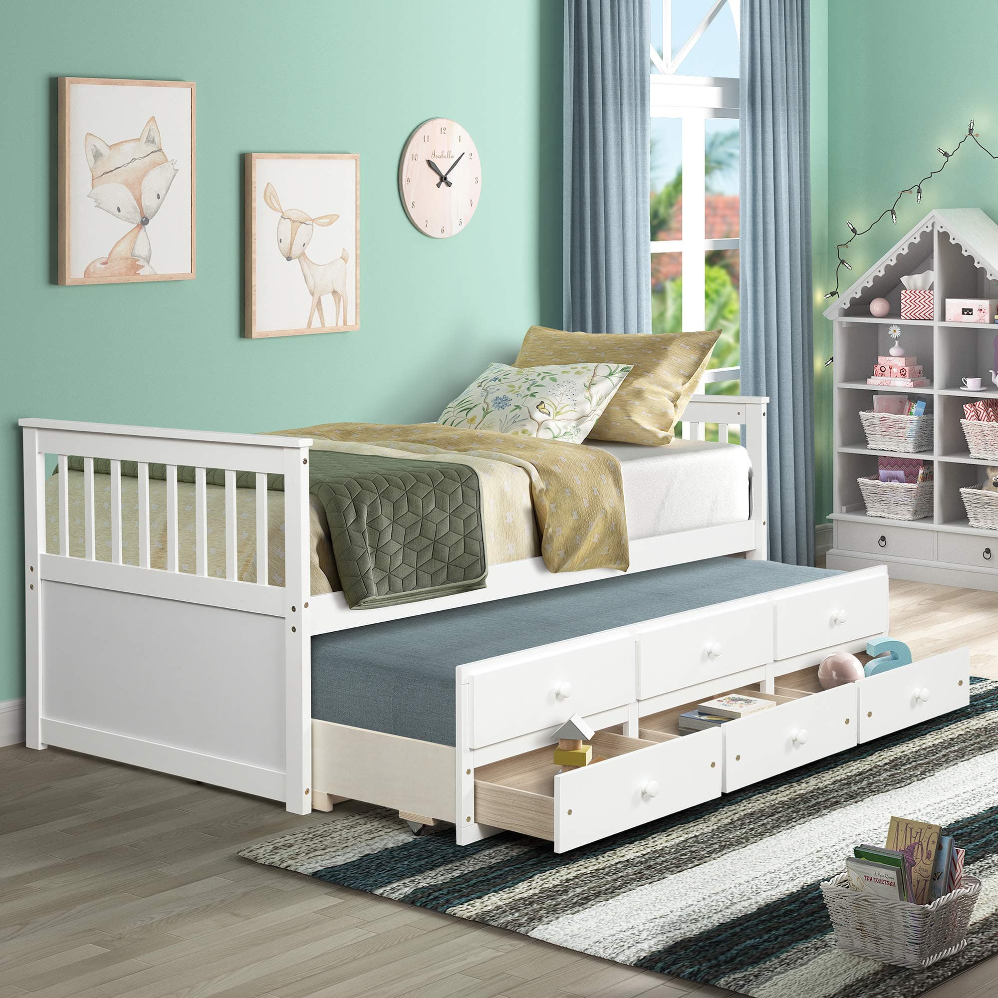 Solid Wood Captain's Bed,Twin Daybed with Trundle and 3 Storage Drawers,White