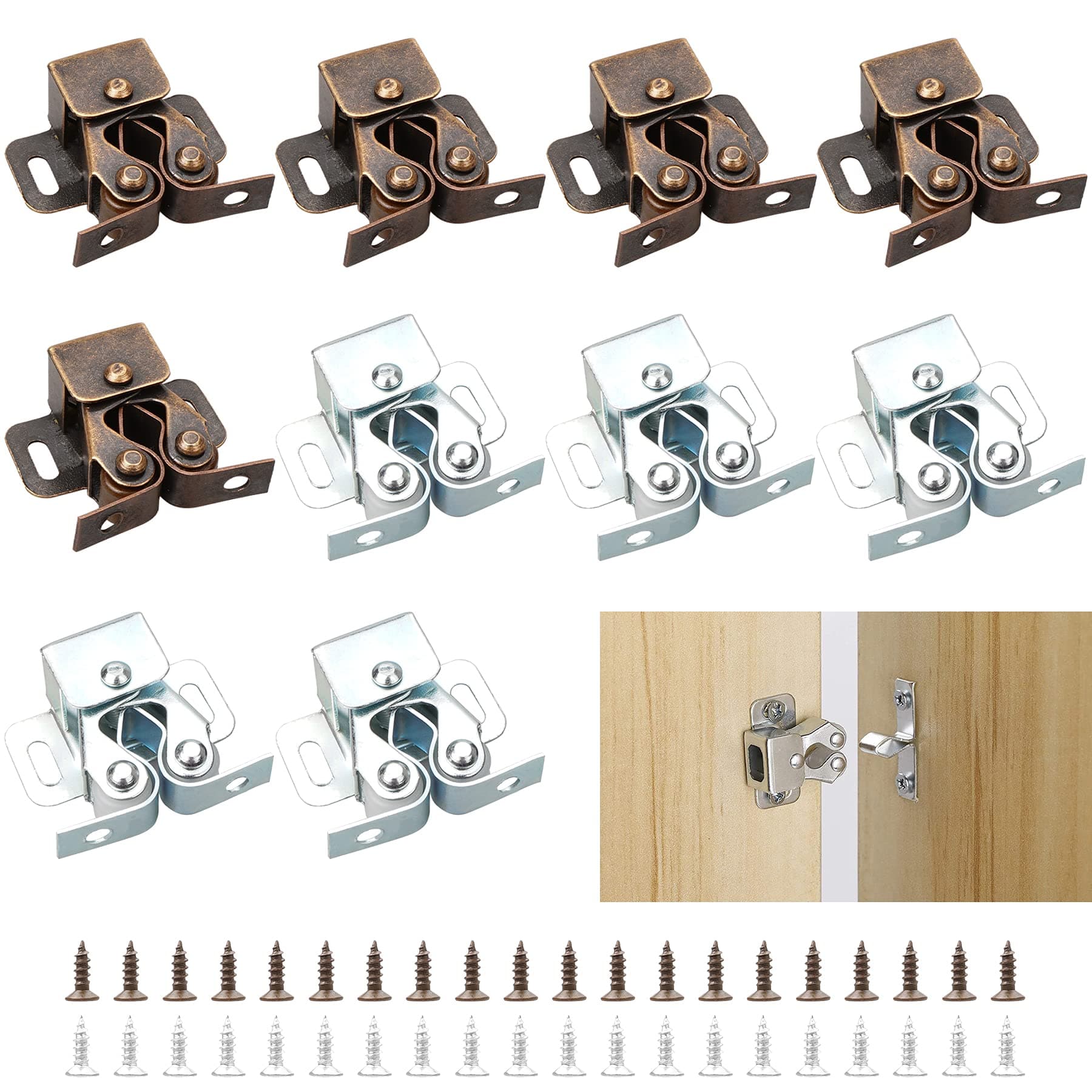 10 Pcs Double Roller Catch,Twin Roller Closet Catch, Cupboard Cabinet Wardrobe Door Latch with 40 Screws (Zinc Plated)