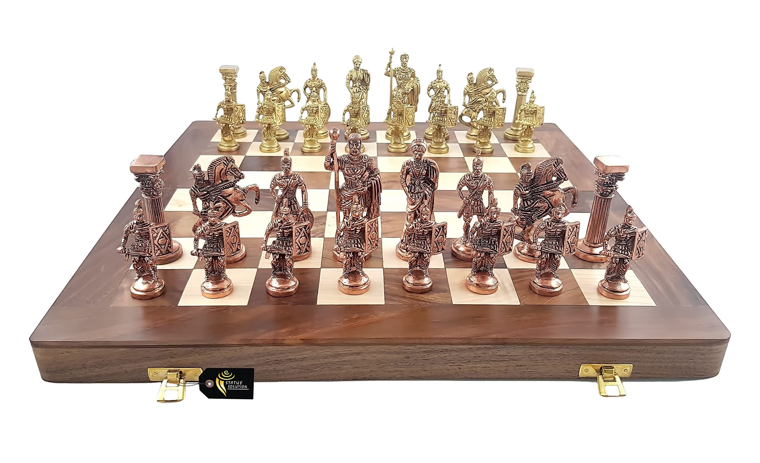 Chess Set With Brass Sculpted Pieces In Ancient Roman Style With 16" Wooden Folding Board, Pack Of 1, Multi For 4 Years And Up, Big Kid
