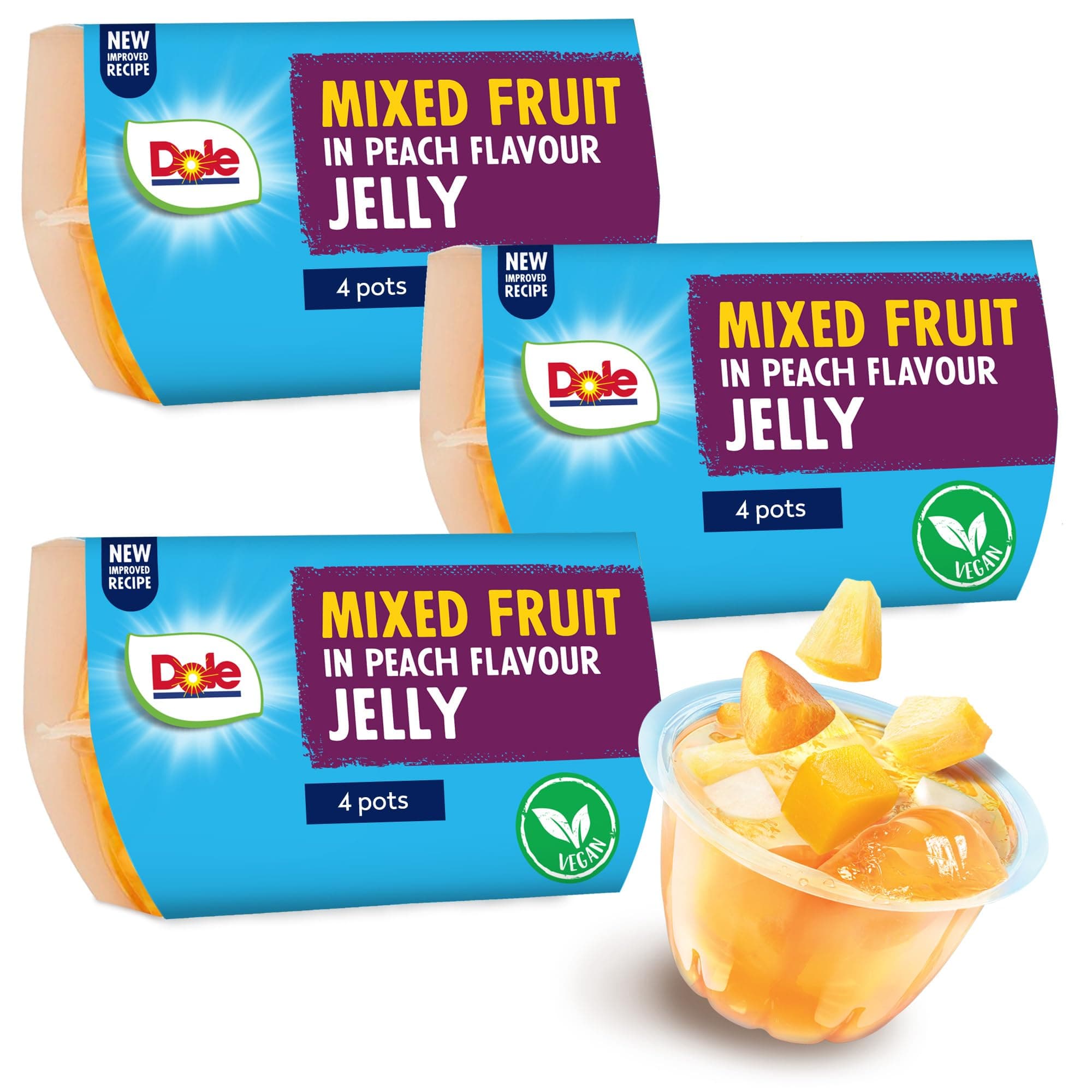 Dole Mixed Fruit In Peach Jelly 3 x 4 Packs of Assorted Fruits, Healthy Snack, No Added Sugar Fruit Cocktail Bowls, Perfect for Breakfast & Dessert or Adding to Recipes