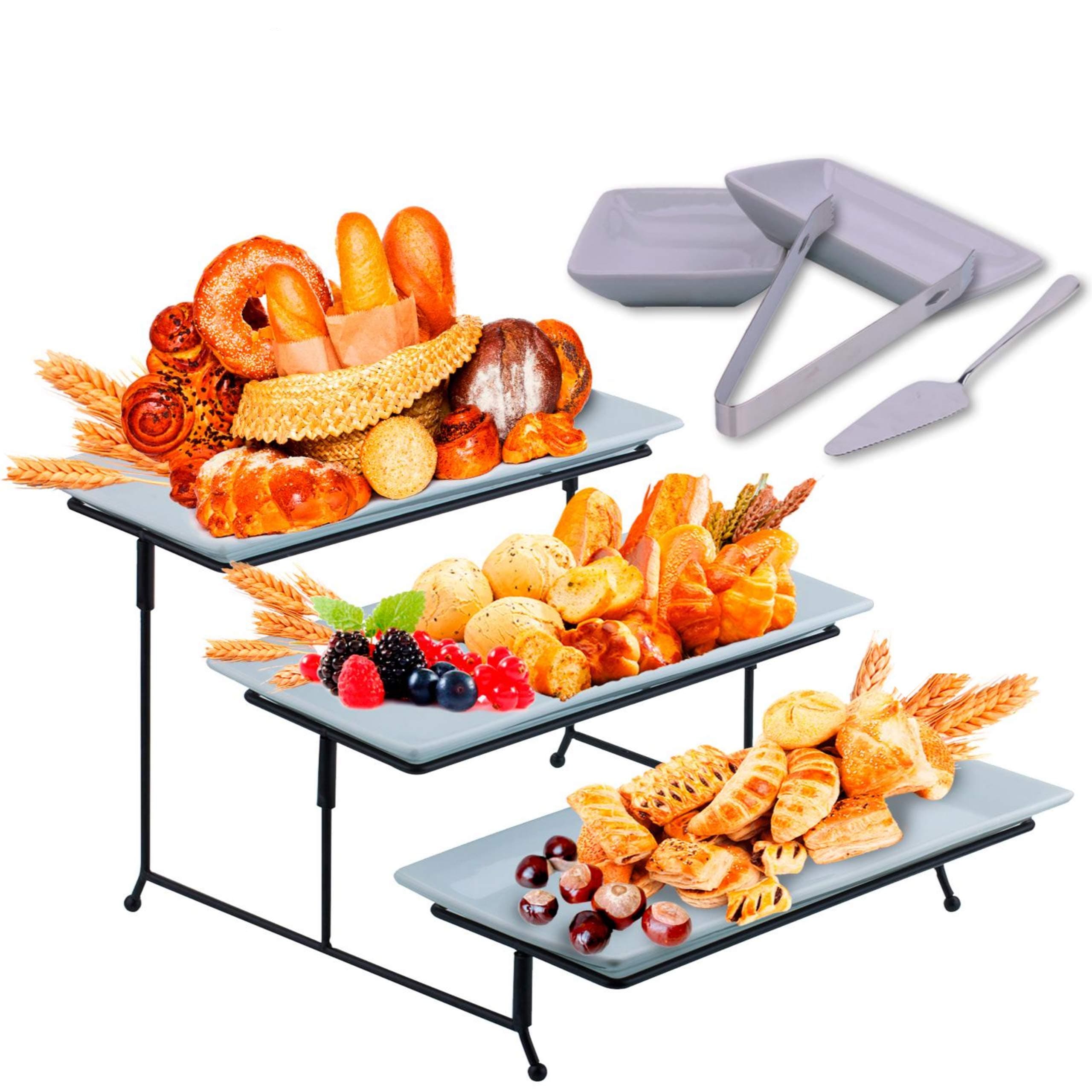 3 Tier Serving Tray Stand – Rectangular Dessert Party Platter with Extra Sauce Dishes Cake Server and Serving Tongs – Three Tiered Cupcake and Food Holder Display for Weddings, Tea Parties, Birthdays