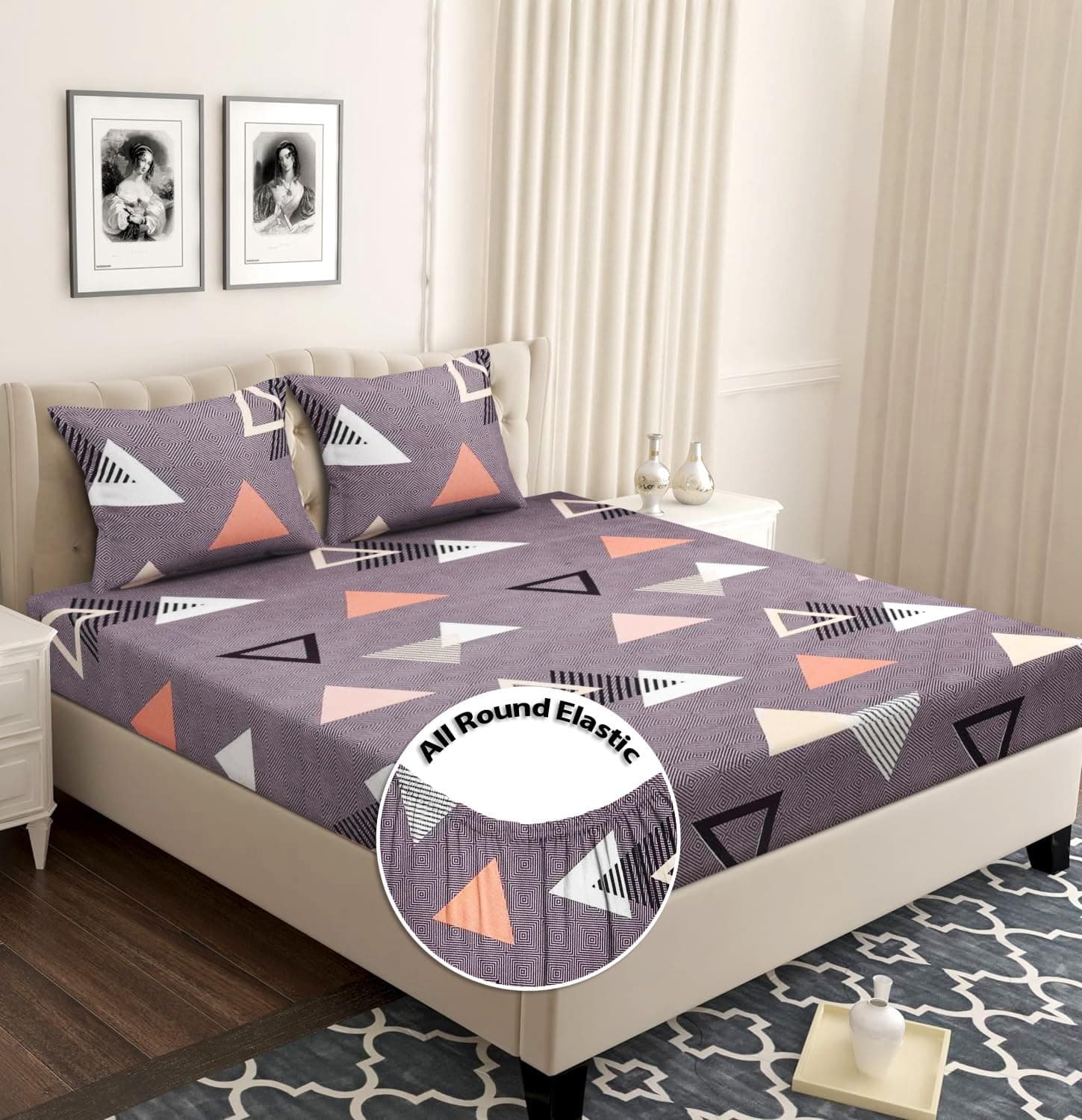 BSB HOME Premium Cotton Elastic Fitted Bedsheets with 2 King Size Pillow Covers | Double Bed with All Around Elastic 180 TC Supersoft | Size - 72 King Sizex78+10 inches | Blue,White & Orange