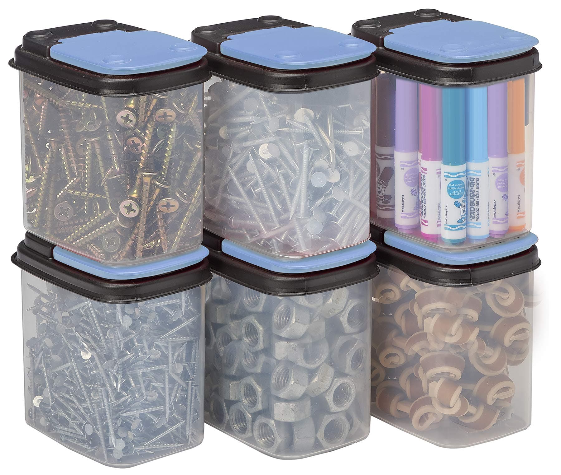 Buddeez Multi-Purpose Hardware Storage Bins Bits and Bolts Small Storage Containers, Hardware Organizers, Clear Containers With Blue Stackable Lids, Bolt and Screw Organizer (1 Quart - 8 Pack)