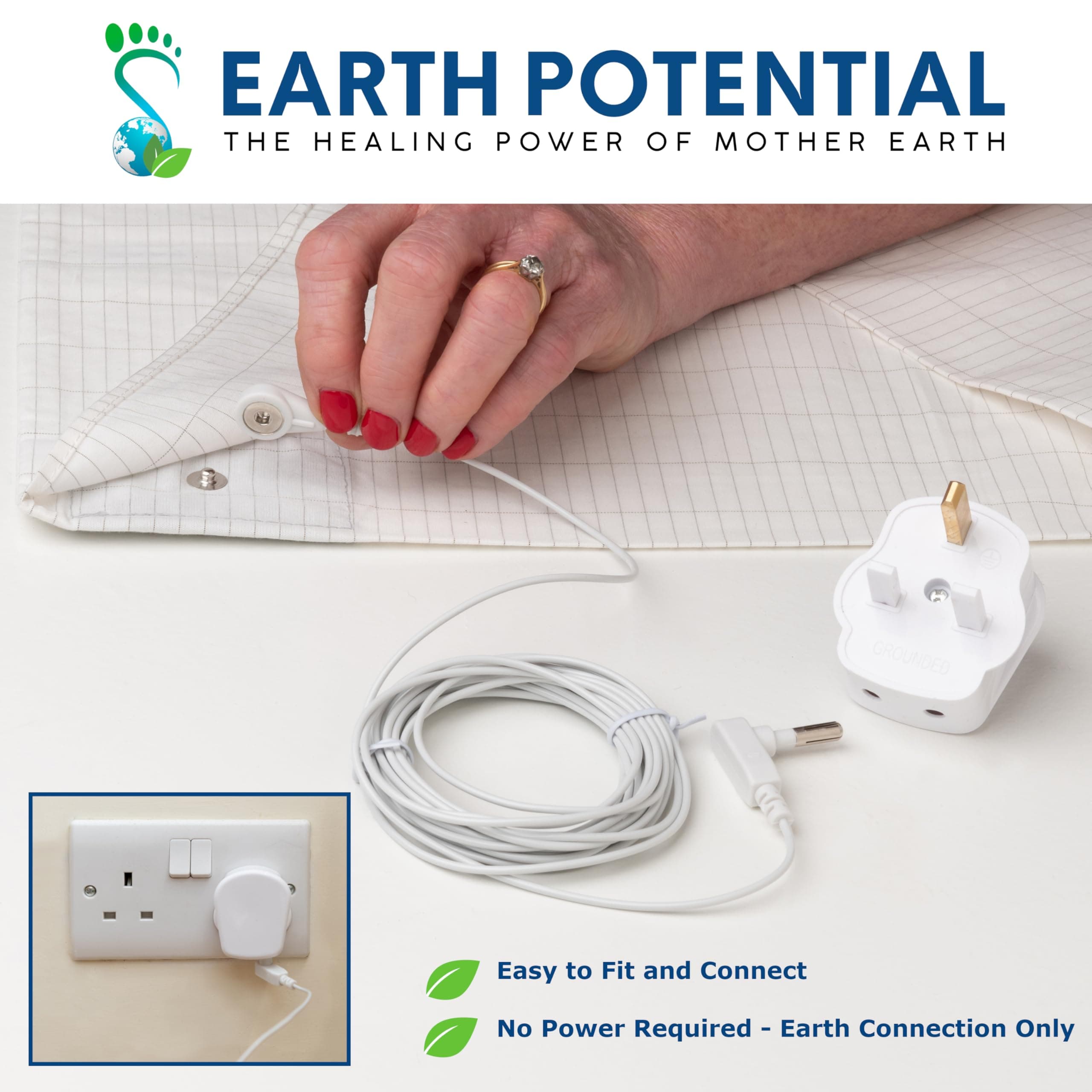 Earthing Grounding Pillowcase – made from 95% cotton and 5% soft silver thread to fit a standard UK pillow - supplied complete with a 5m cable and UK double outlet grounding plug, by Earth Potential