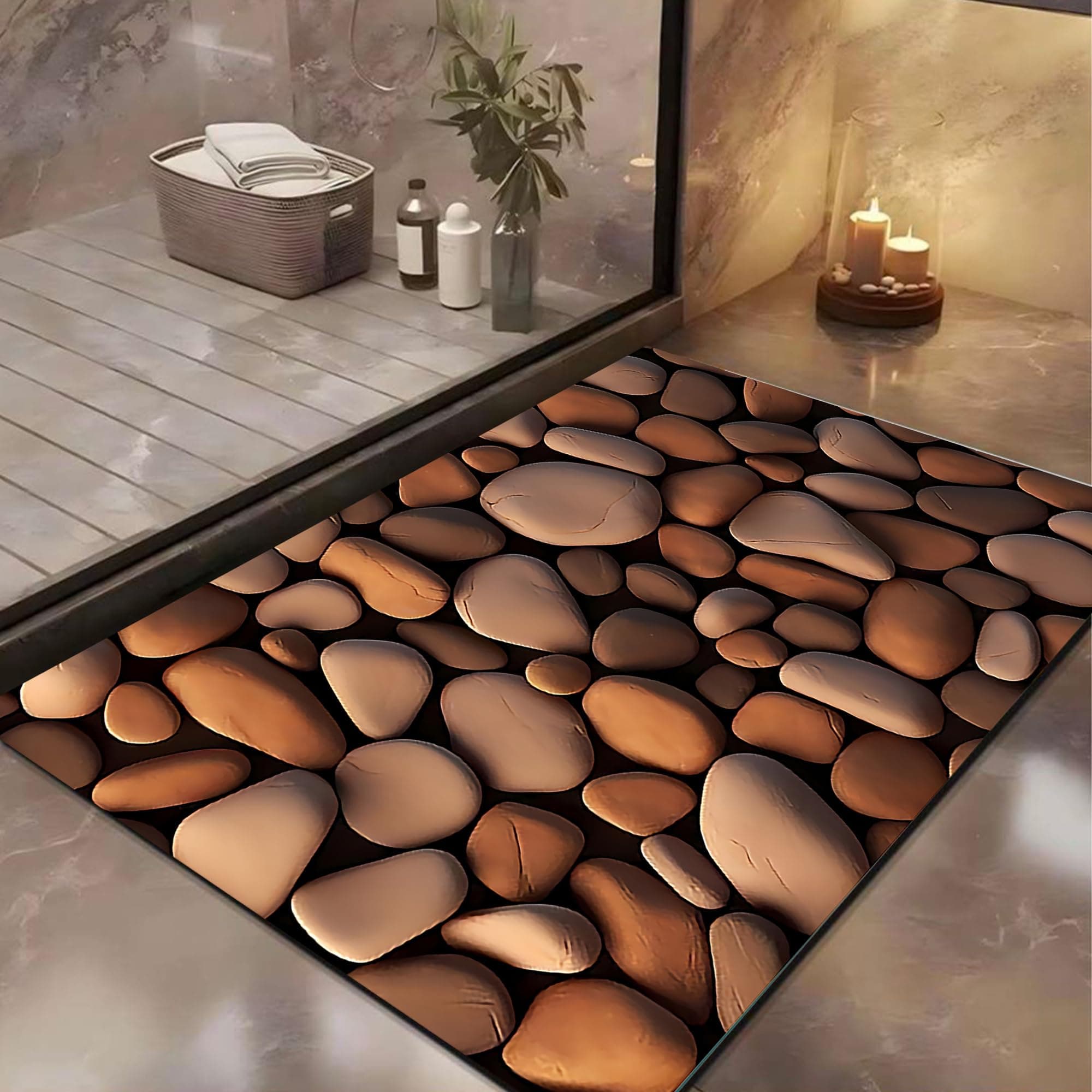 Yellow Weaves 2 Pcs 3D Patterned Anti Slip Water Soaking Floor Mat, Water Absorbent Non Slip Bath Mat, Quick Dry Mat for Bathroom, Door Mat for Home, Kitchen, Office (Brown Stone)