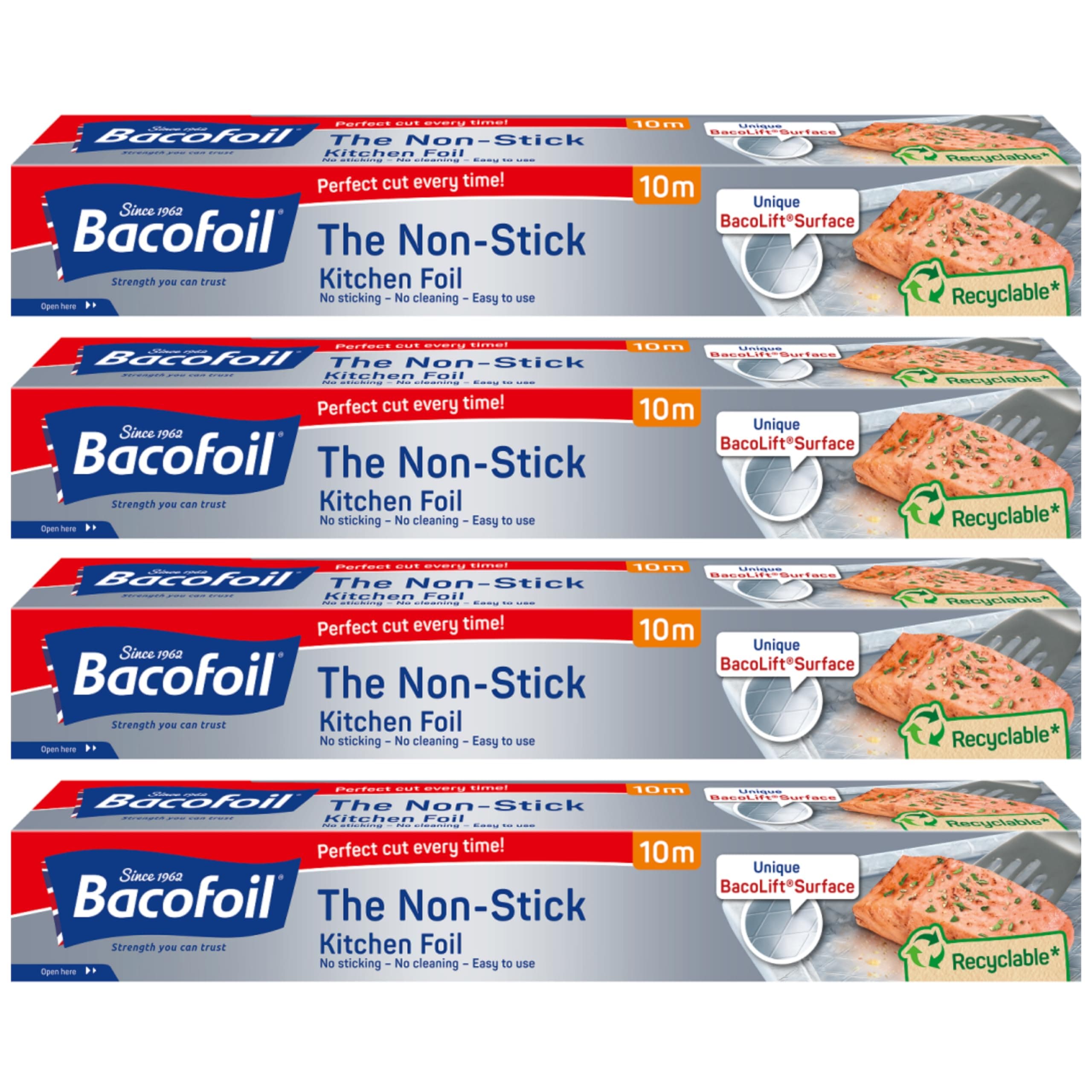 The Non-Stick Kitchen Foil Everyday Strength Easy Prep Easy Cook Easy Clean Suitable for Cooking Baking Roasting Turkey Freezing Wrapping and Storage - 300mm x 10m - Pack of 4