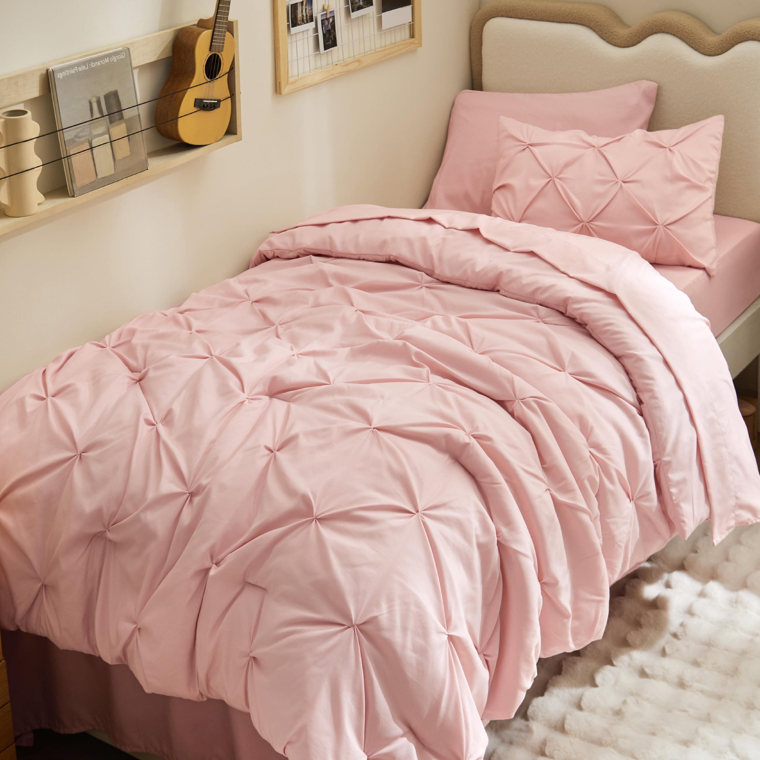 Twin XL Comforter Set - Extra Long 5 Pieces Dorm Bedding Sets, Pinch Pleat Pink Bed in a Bag with Comforter, Sheets, Pillowcase & Sham