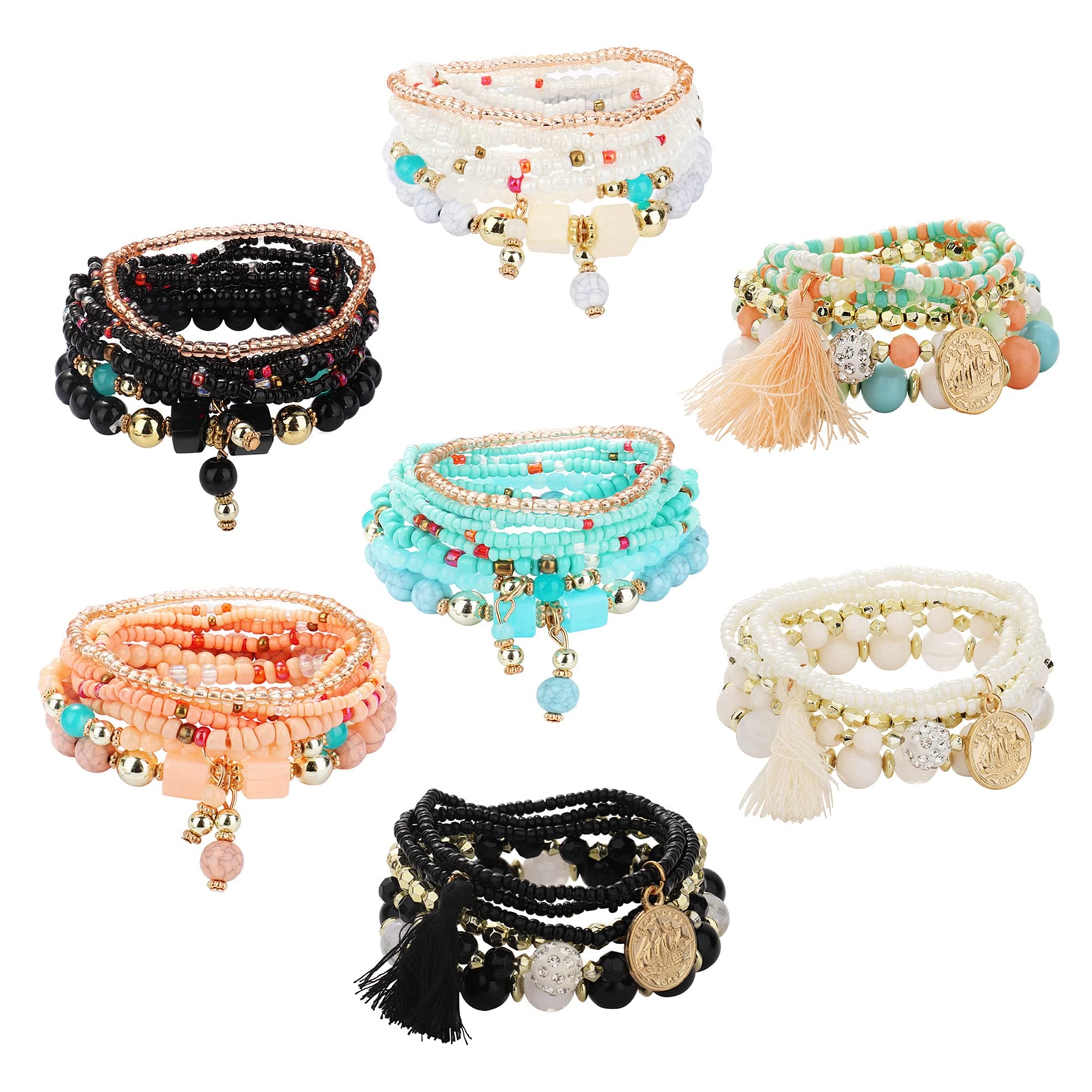 YADOCA 7 Sets Bohemian Stackable Bead Bracelets for Women Multilayer Stretch Bracelet Set Pendant Bangles Multicolor