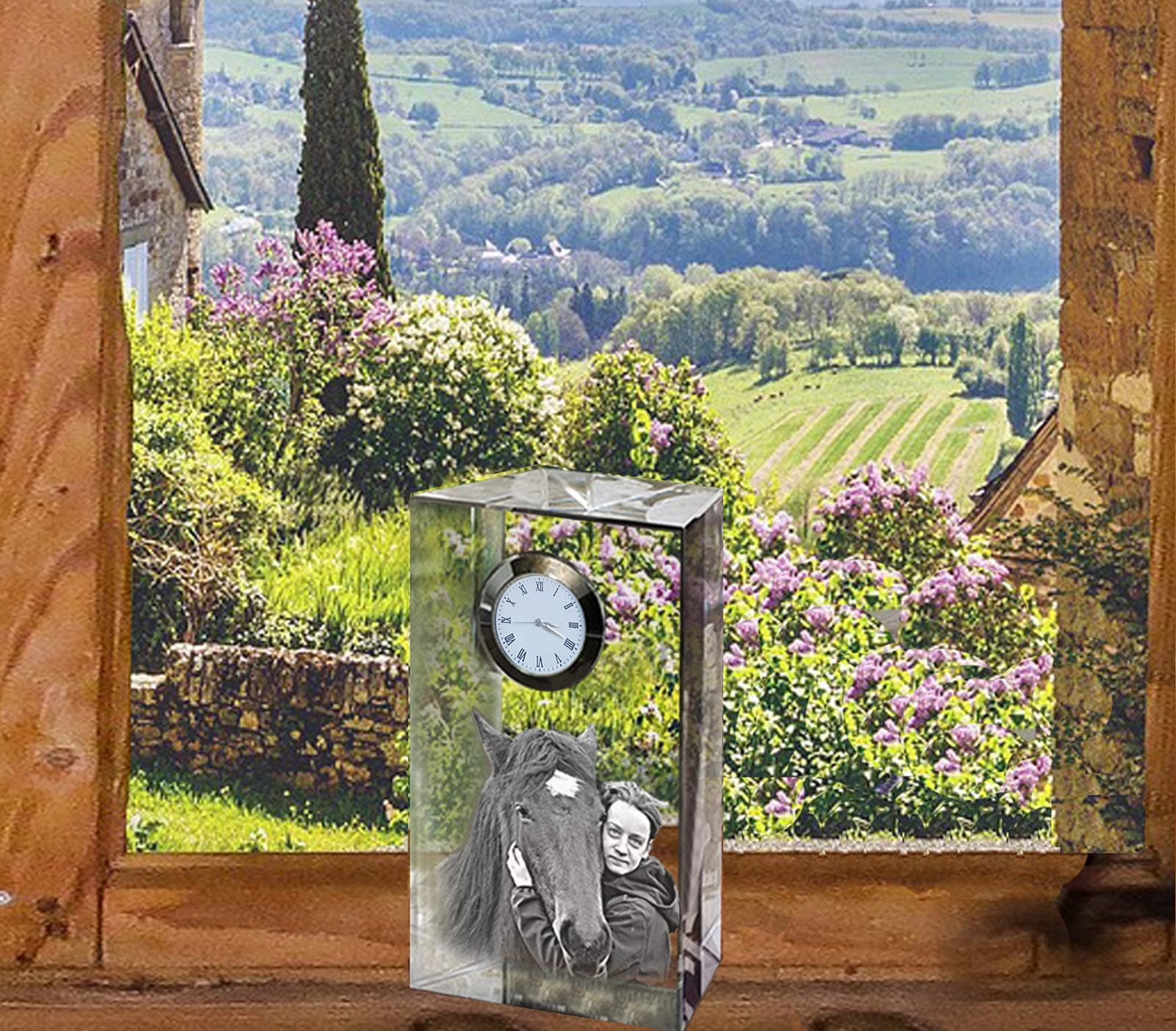 Personalized Laser Engraved Crystal Desk Clock, Custom Glass Mantel Clock as a Desk Accessory, Club Gift, Equestrian Gift or Birthday Gift